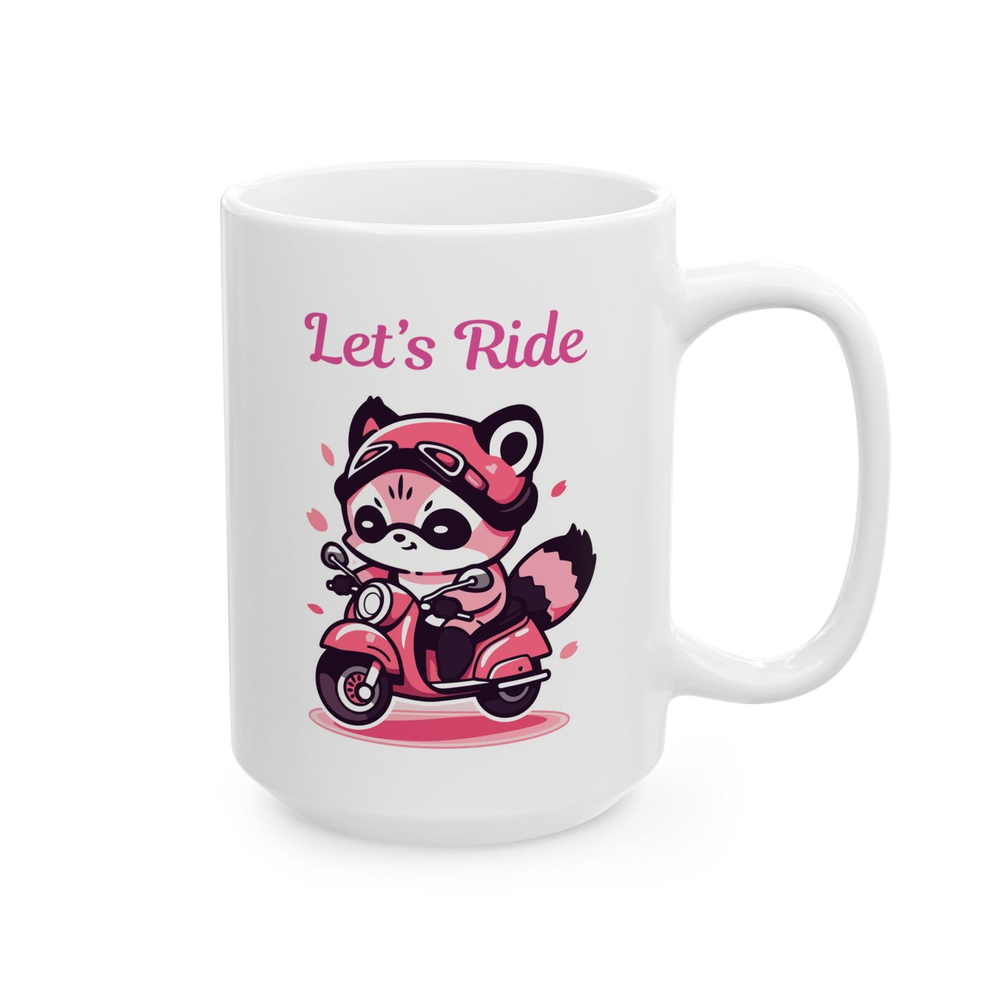 Racoon on a pink motorcycle "Let's Ride" coffee mug