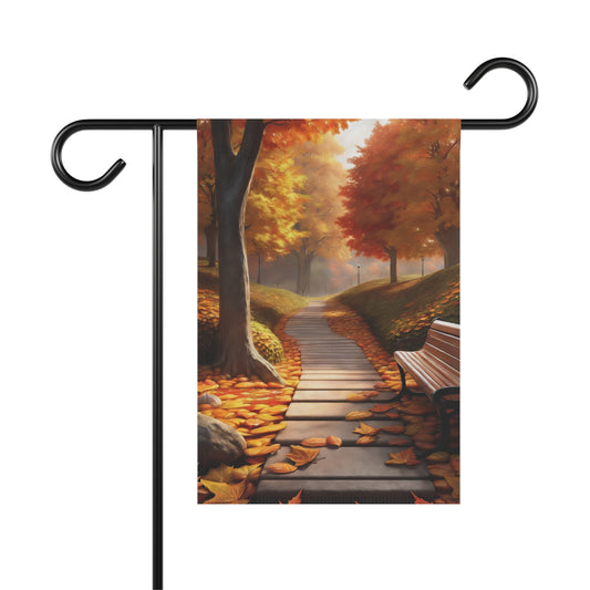 Autumn park path garden flag with fallen orange leaves, fall trees, and a park bench