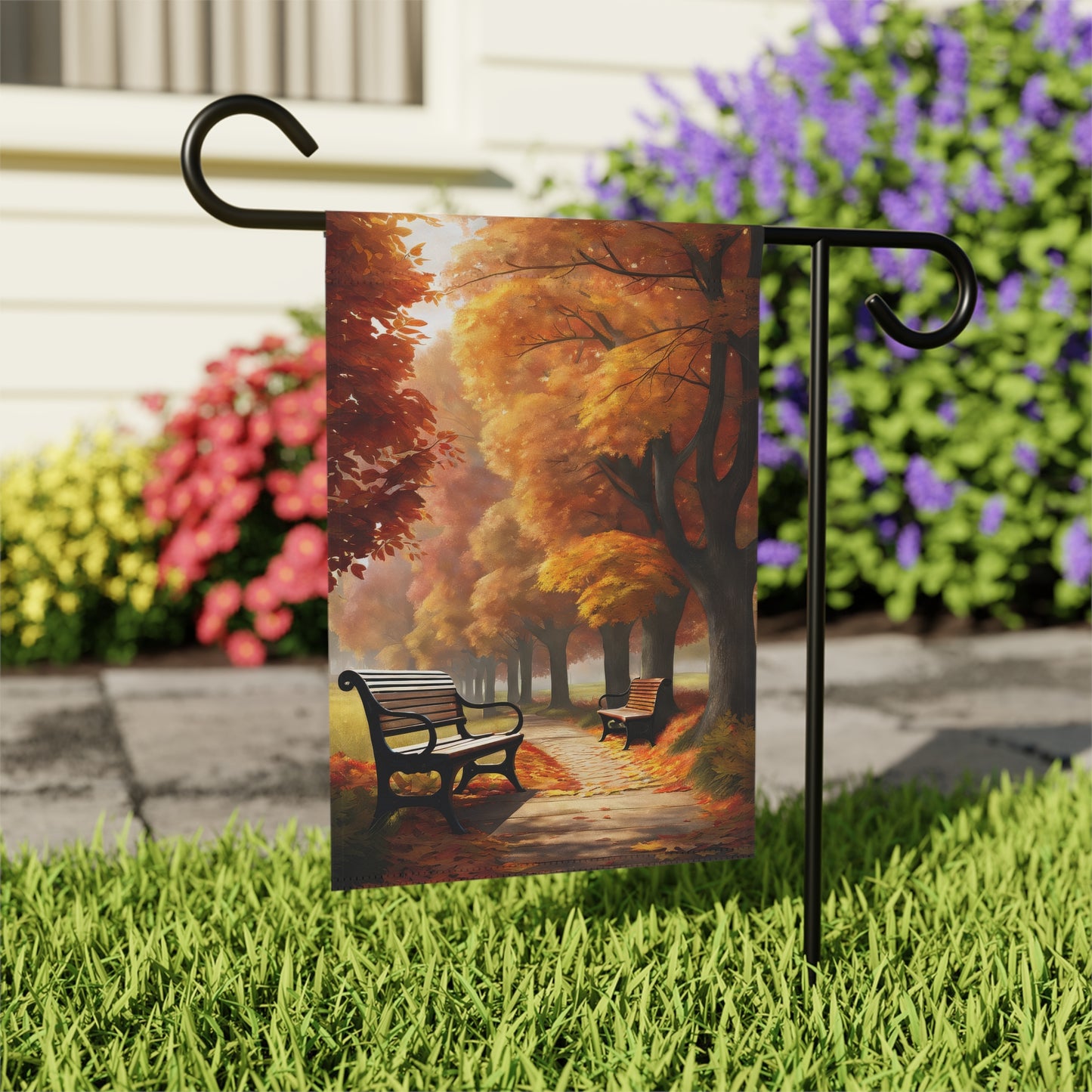 Golden Autumn Park Pathway Garden Flag