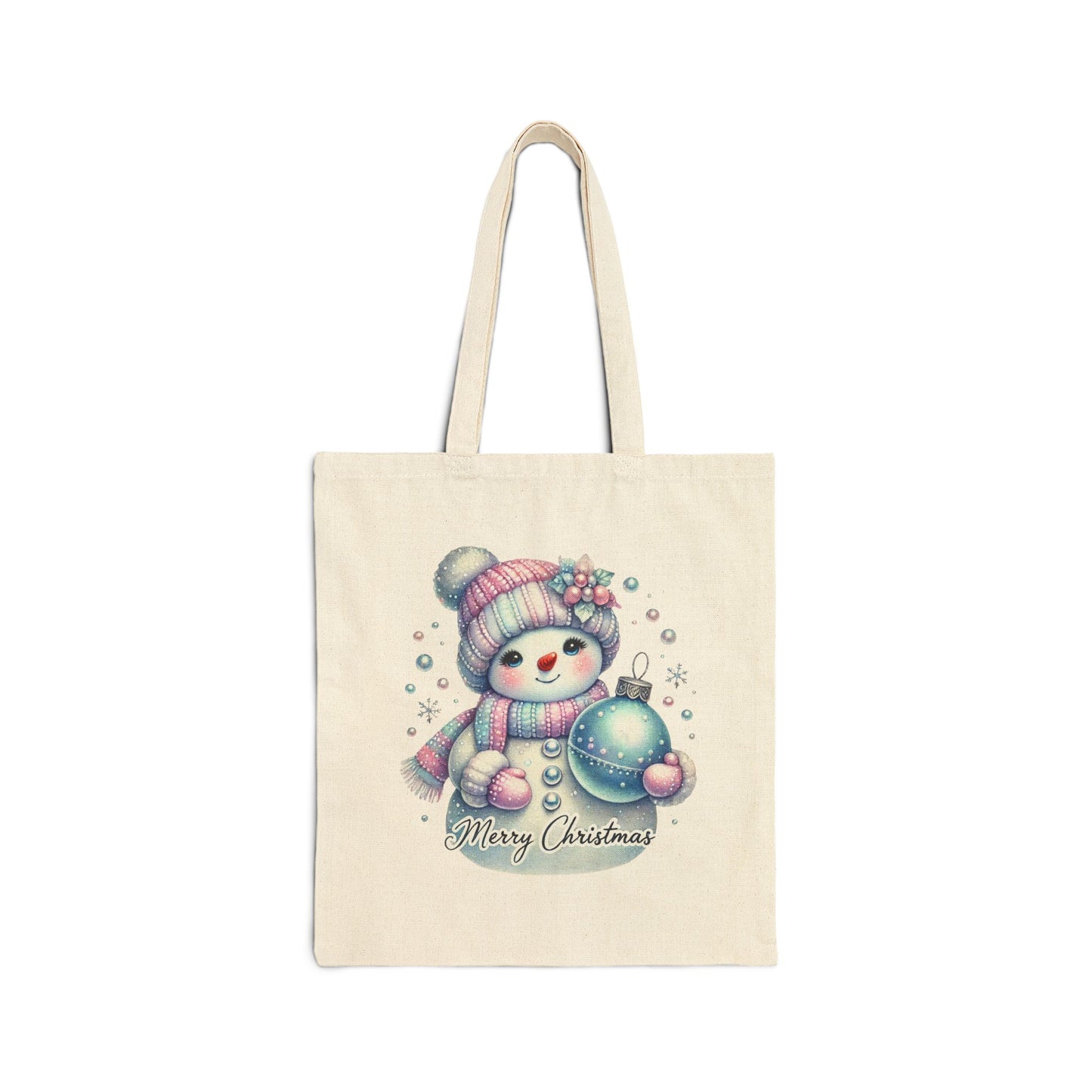 Canvas tote bag with a cute snowman holding a blue Christmas ornament