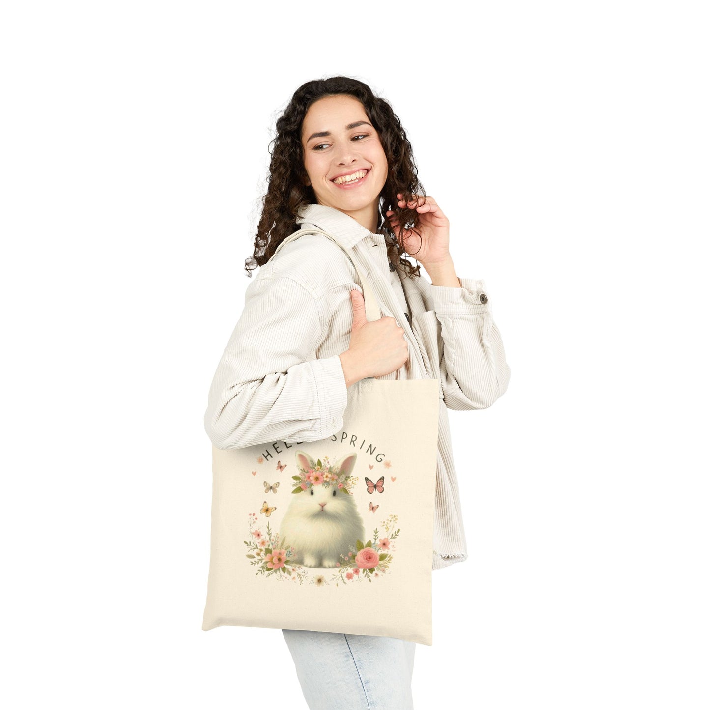 "Hello Spring" Bunny with Floral Crown Canvas Tote Bag