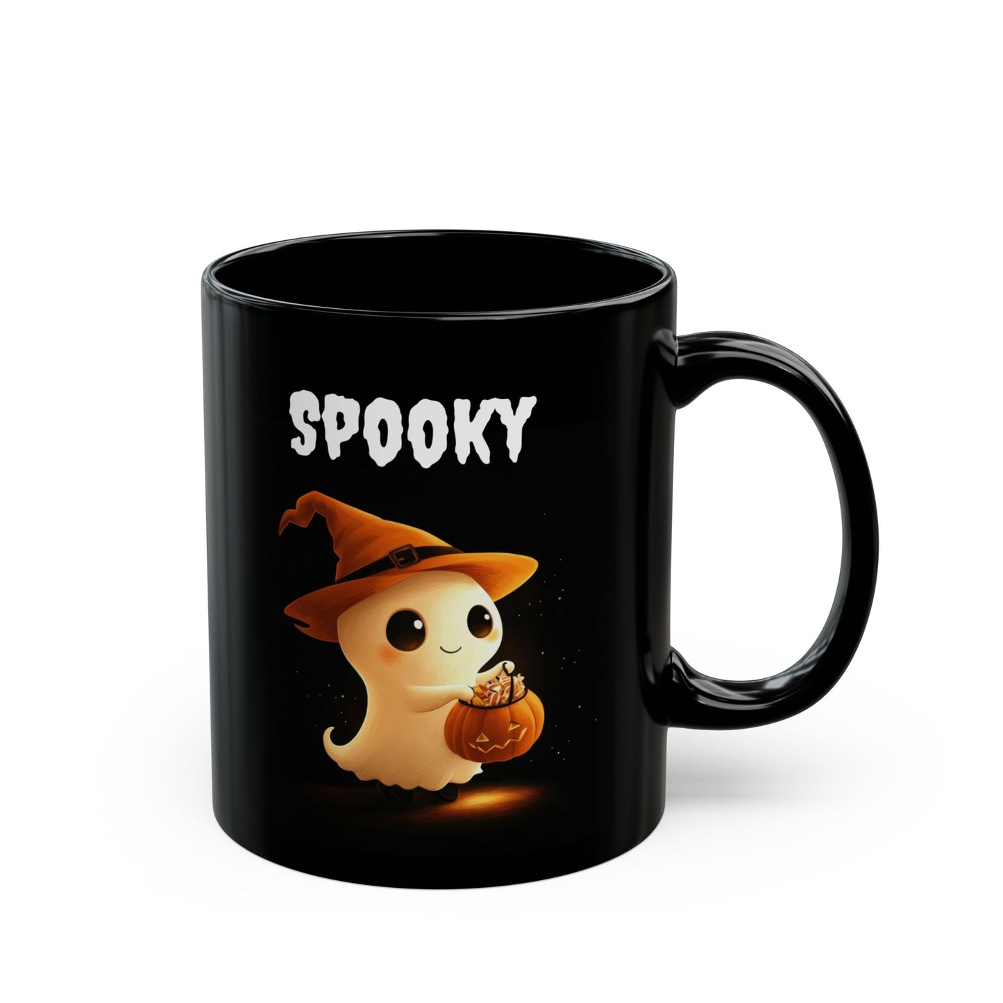 SPOOKY" Cute Ghost & Witch Hat Black Coffee Mug