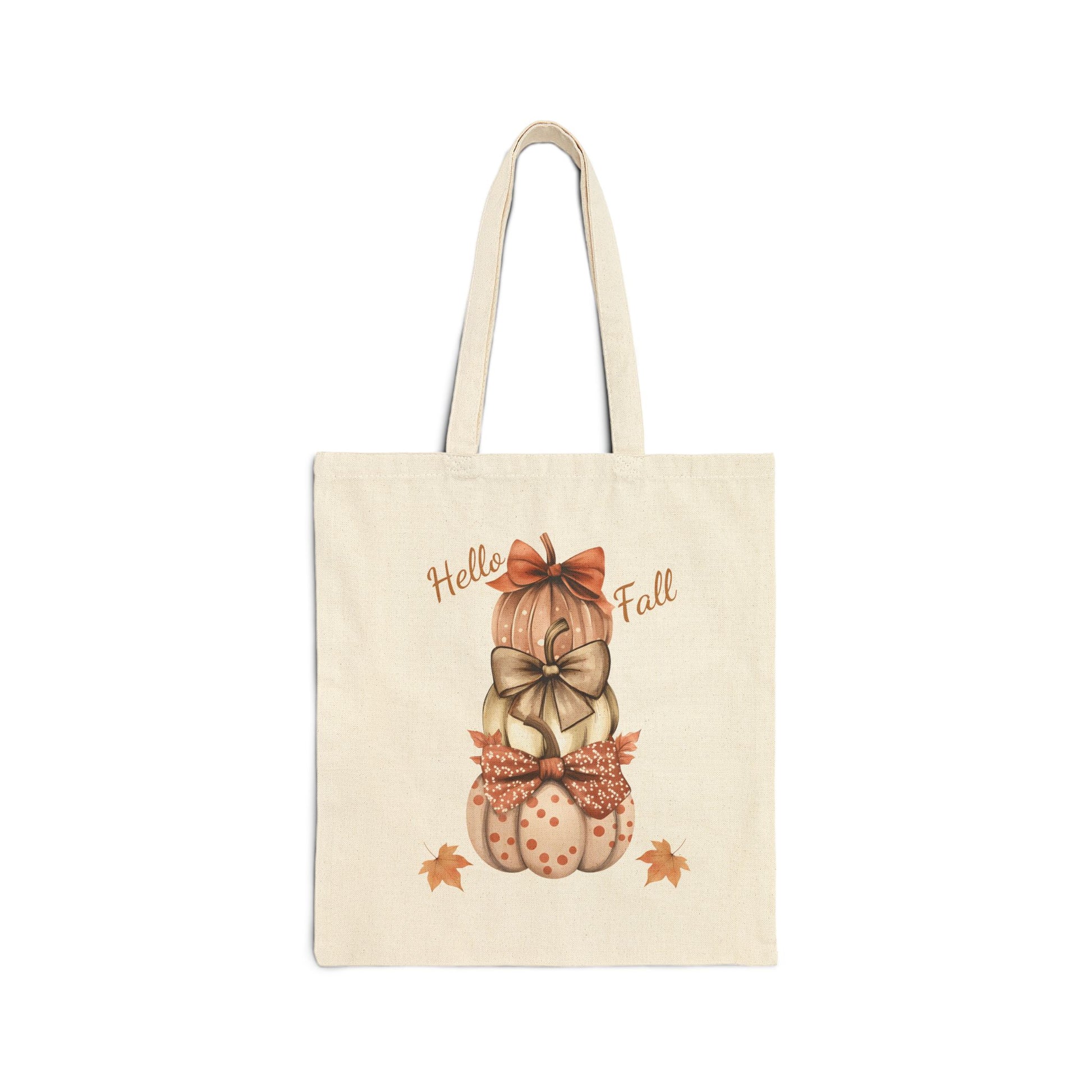 Hello Fall canvas tote bag with a watercolor illustration of a three-tiered pumpkin stack and decorative bows