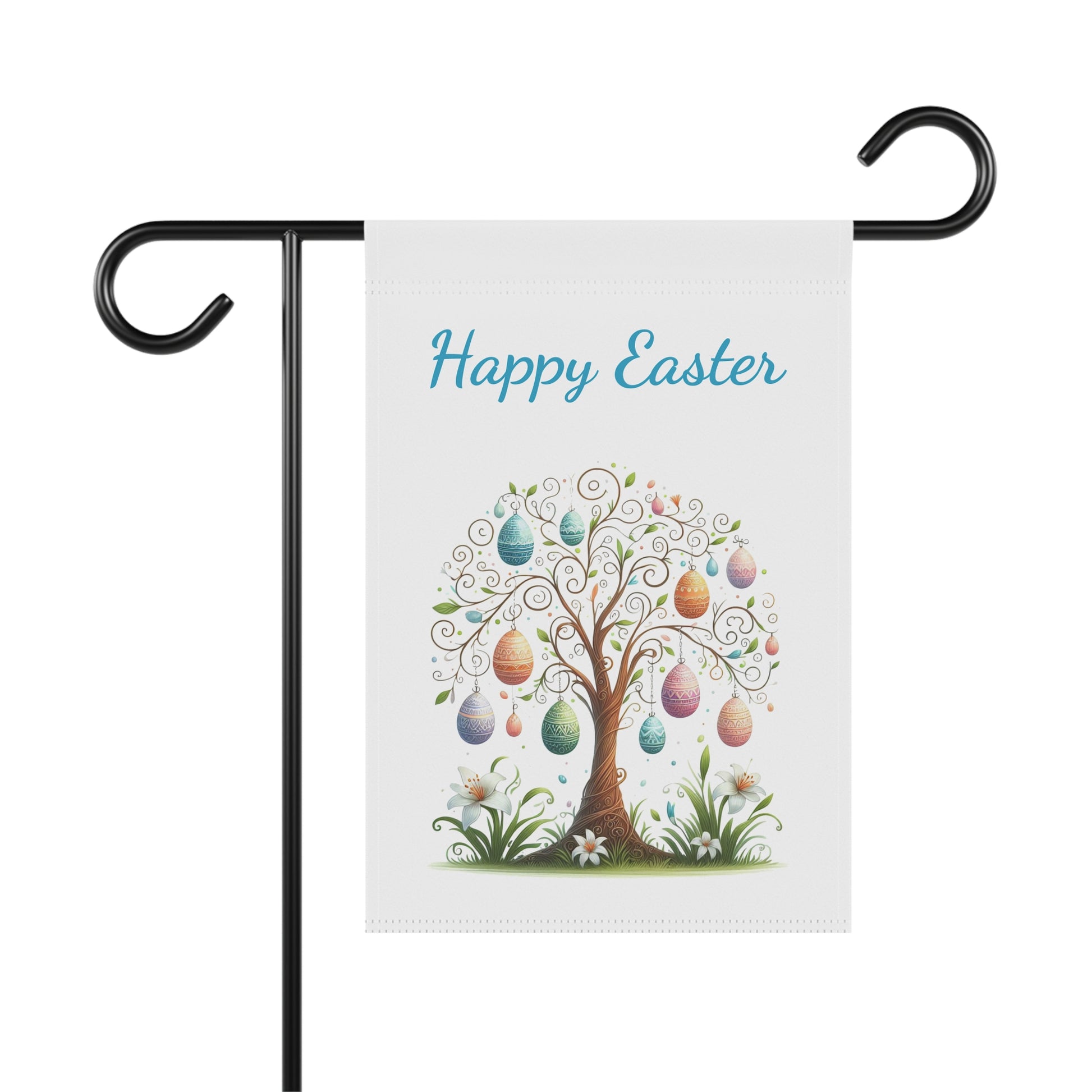 Happy Easter garden flag with an illustrated tree decorated with colorful Easter eggs, hanging on a black metal flag holder against a white background.