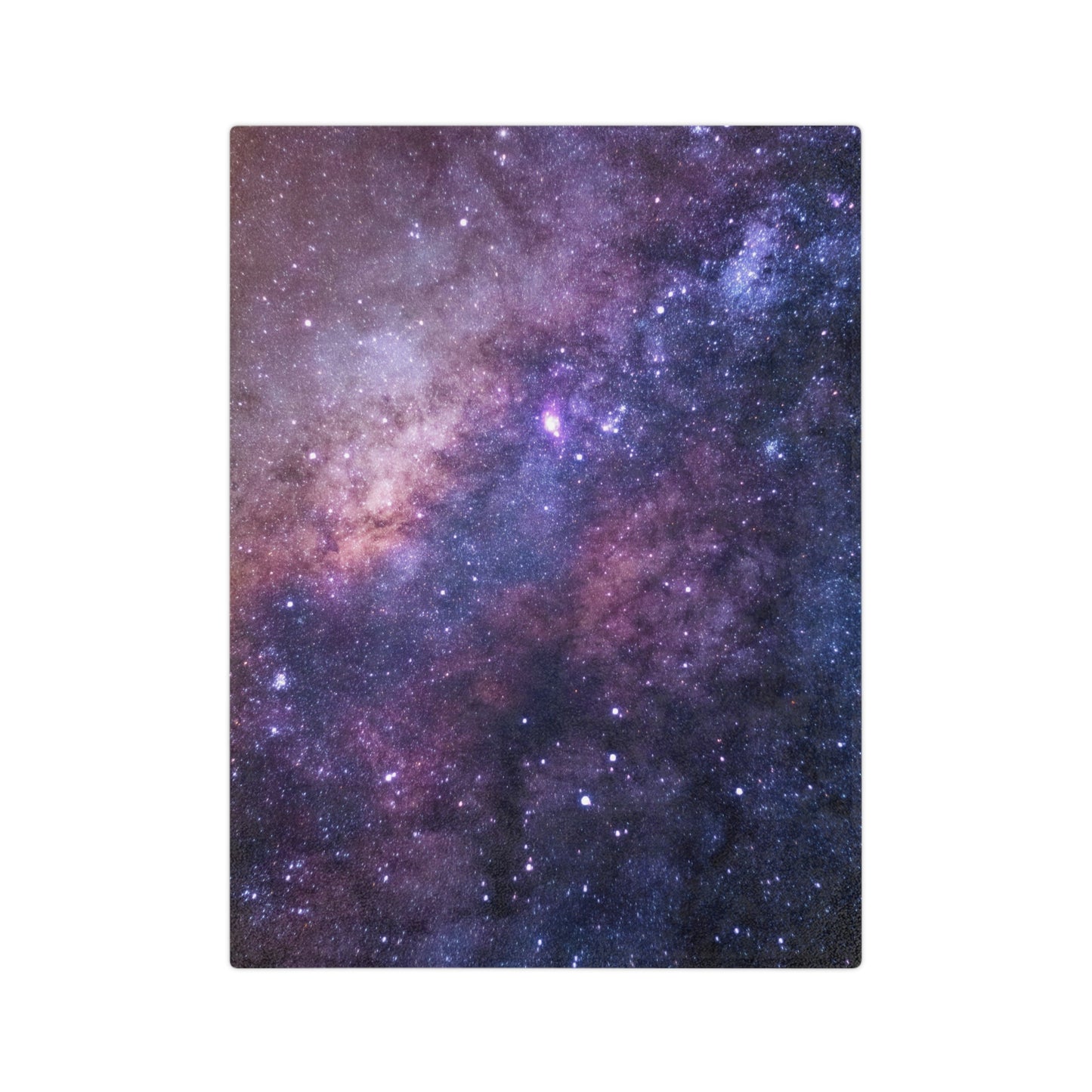 Velveteen plush blanket with a high-resolution print of the Milky Way, featuring bright stars and colorful nebulae.