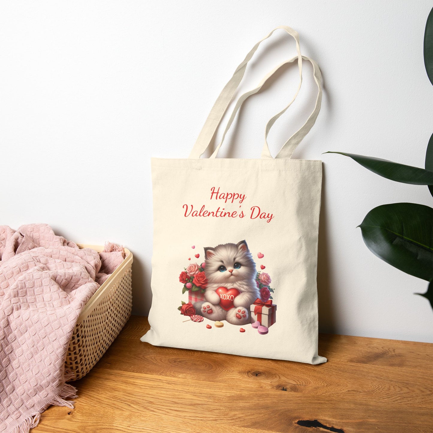 "Happy Valentine's Day" Cute Kitten Canvas Tote Bag