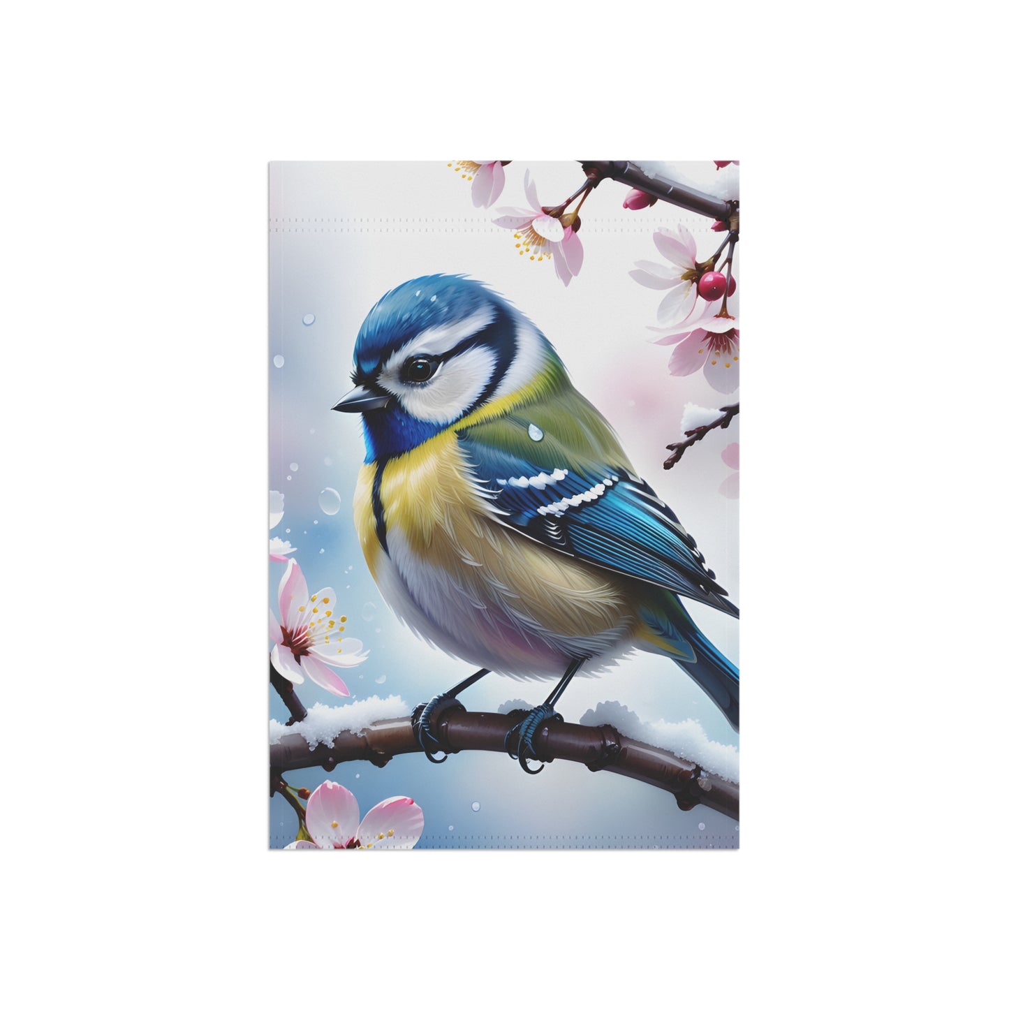 Blue Tit Bird Garden Flag with Cherry Blossoms