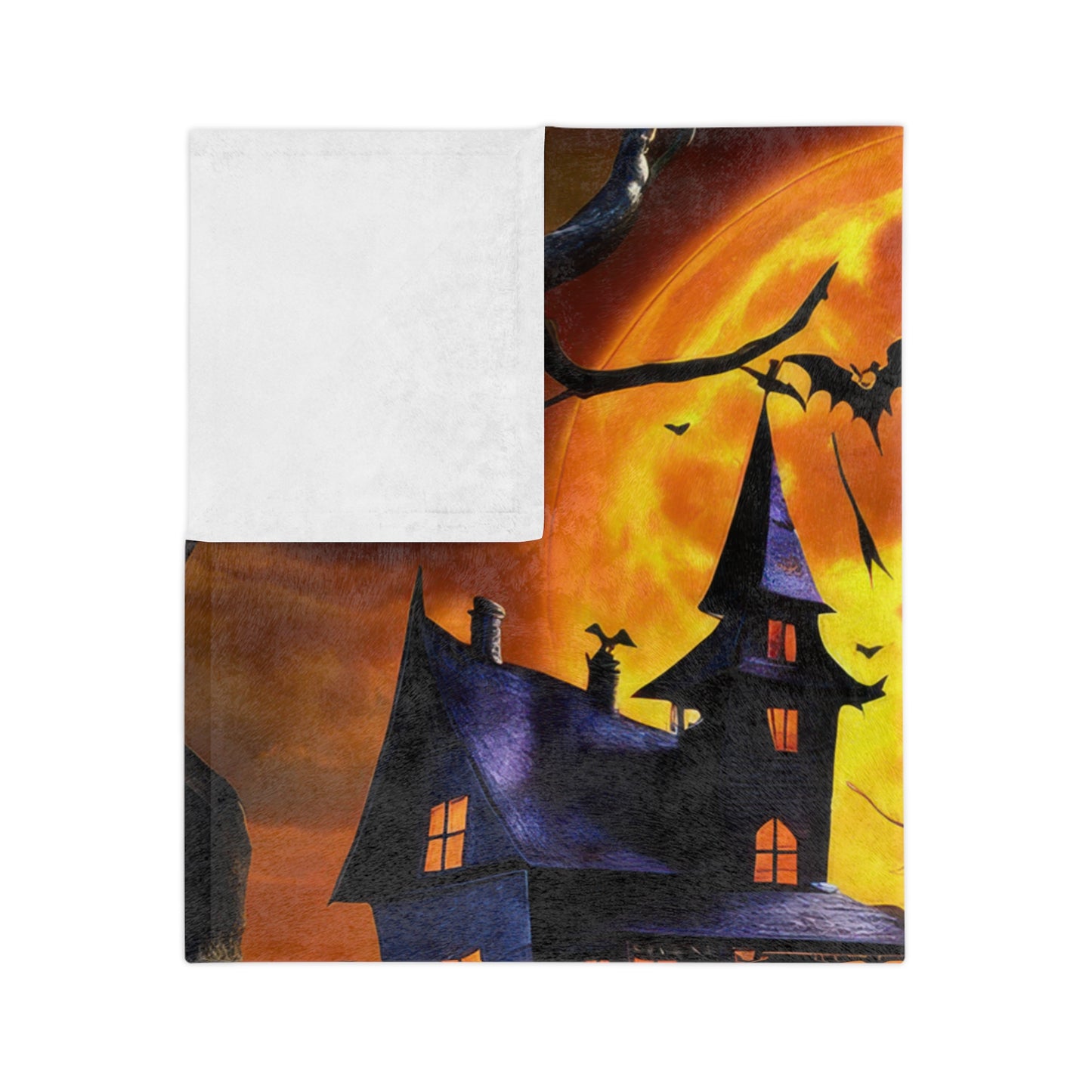 Haunted House & Orange Moon Halloween Lightweight Velveteen Blanket