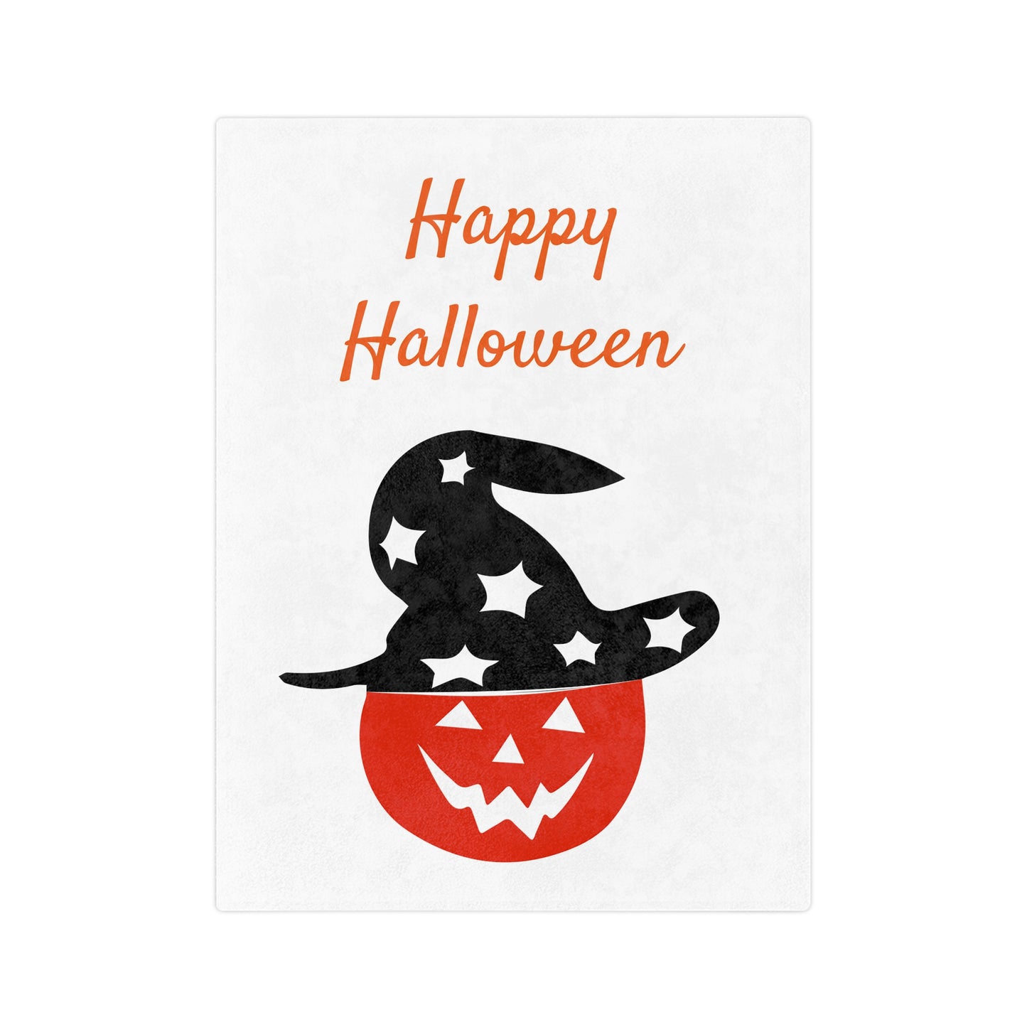 Happy Halloween text above a red pumpkin wearing a black witch hat with white stars on a lightweight velveteen blanket