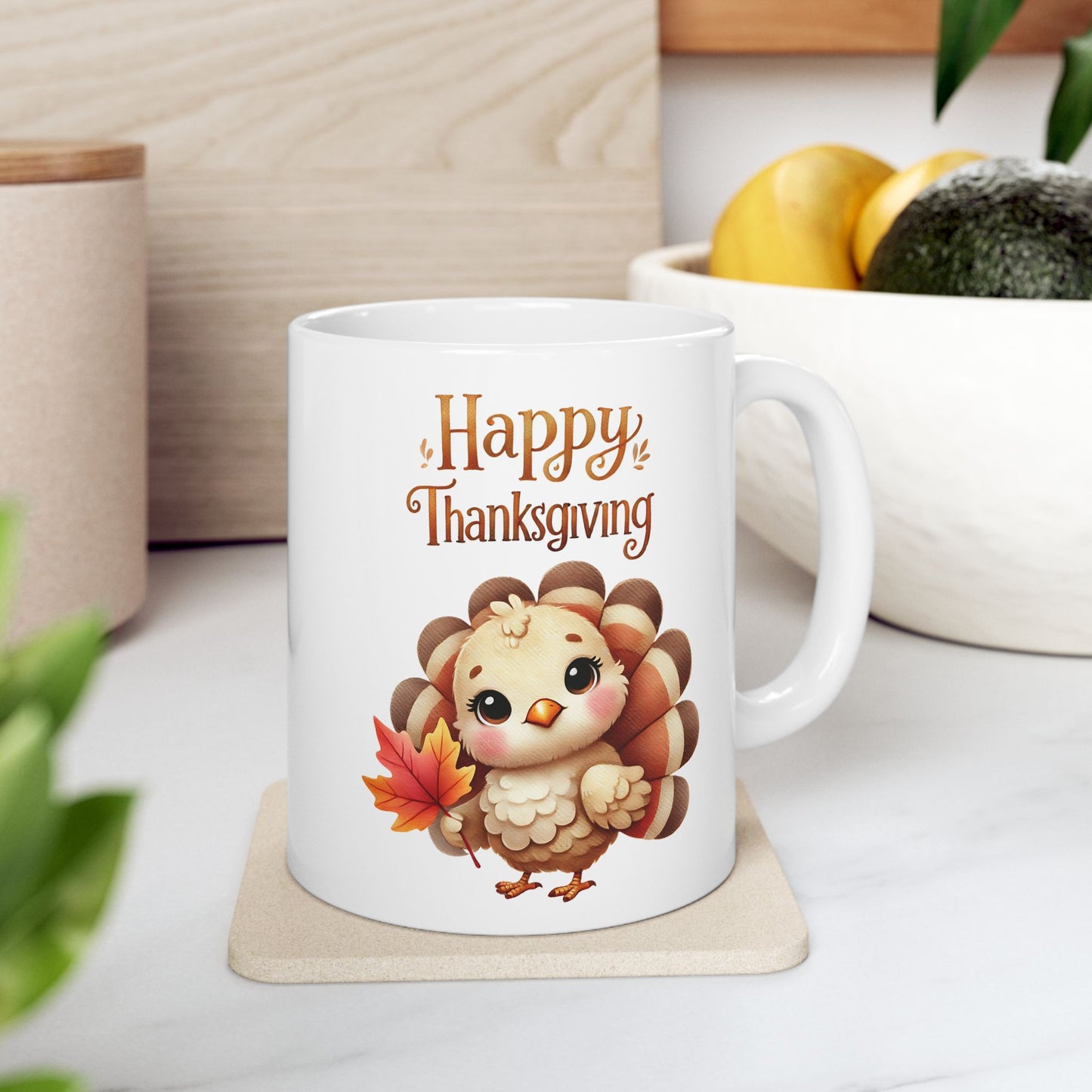Thanksgiving Coffee Mug Featuring a Cute Baby Turkey Holding a Leaf