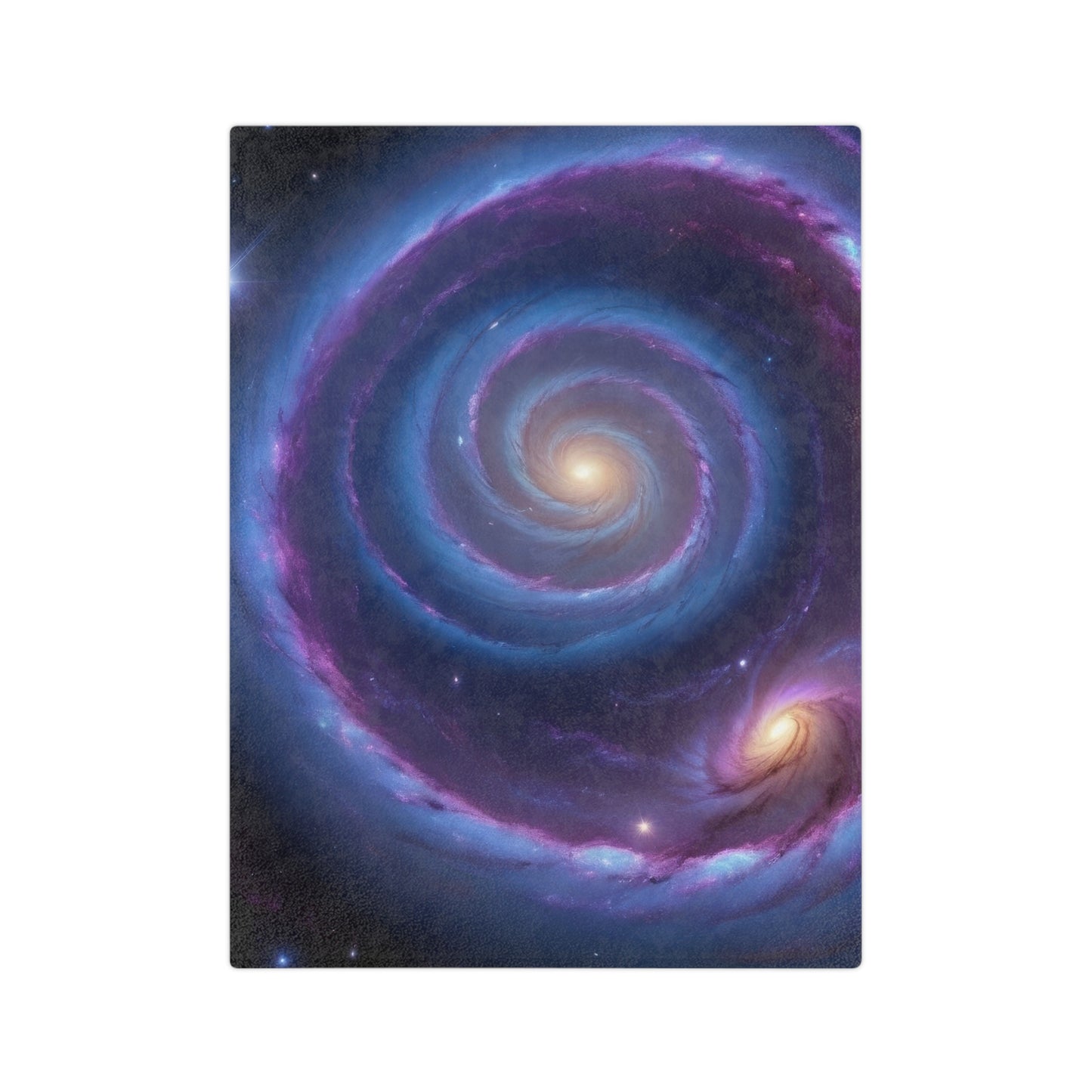 Velveteen plush blanket with a galaxy swirl design in blue and purple