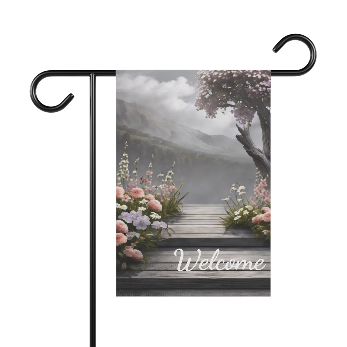Welcome garden flag with mountain view, floral path, and peaceful landscape background – outdoor seasonal yard decor