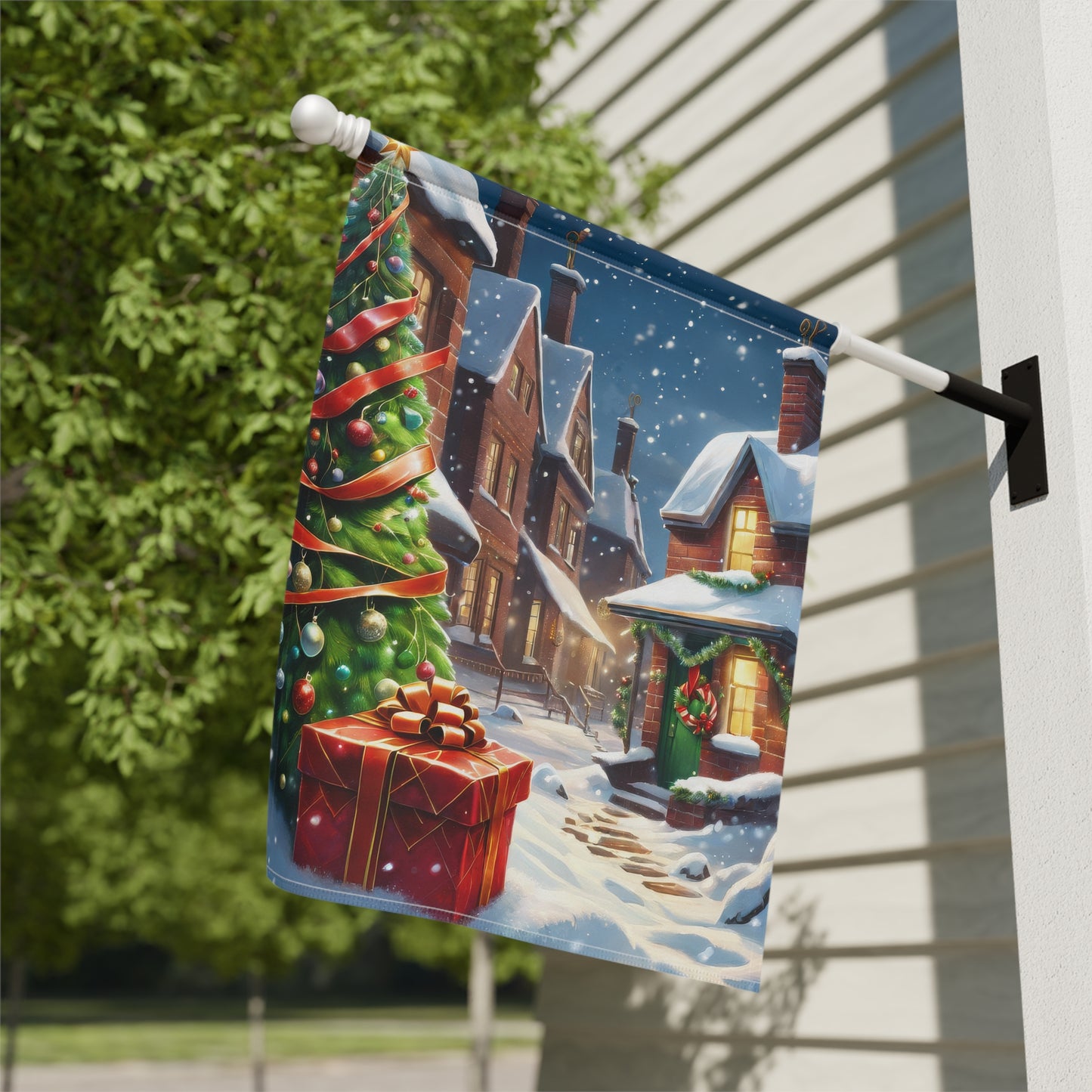 Cozy Christmas Street Garden Flag