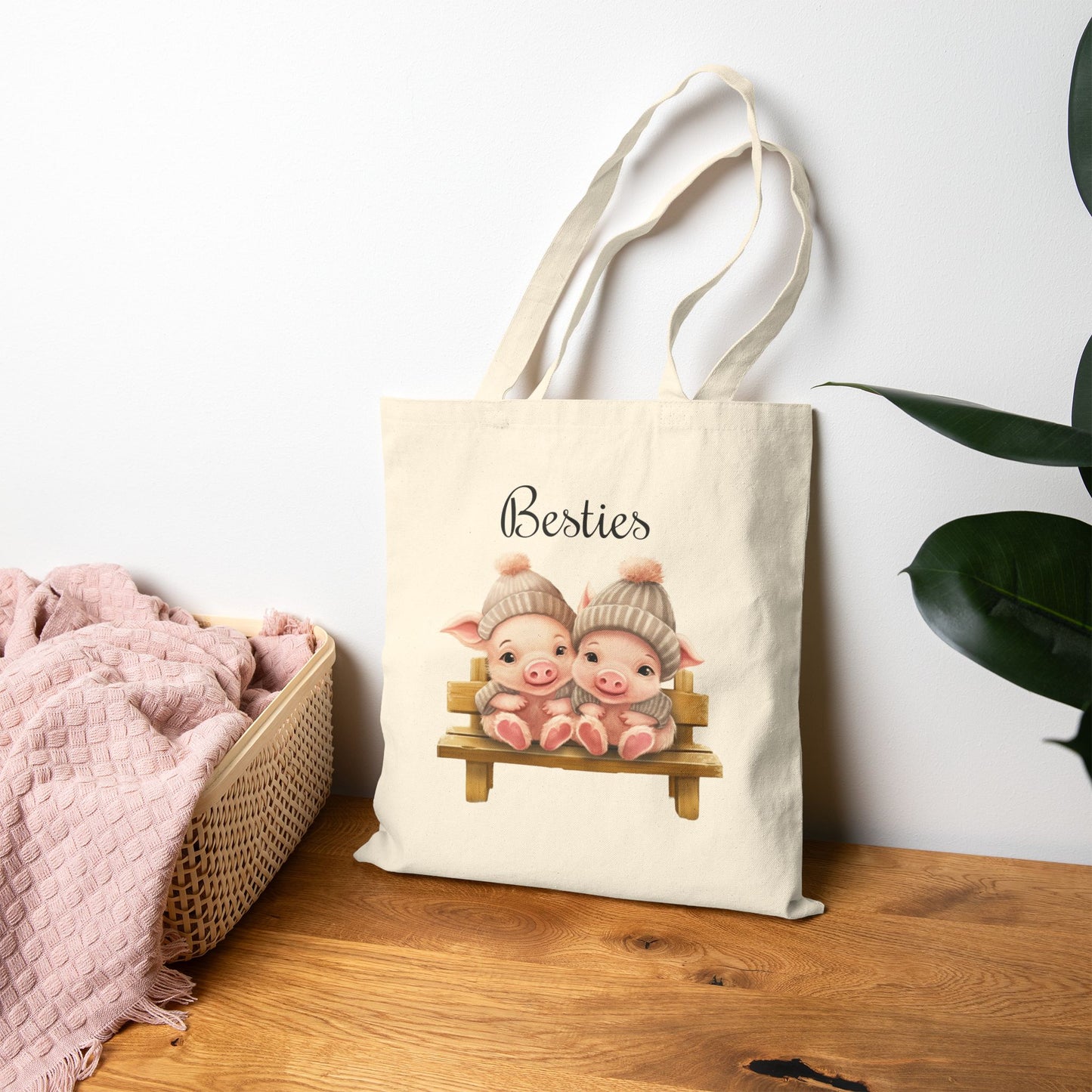 "Besties" Cute Pigs 100% Cotton Canvas Tote Bag
