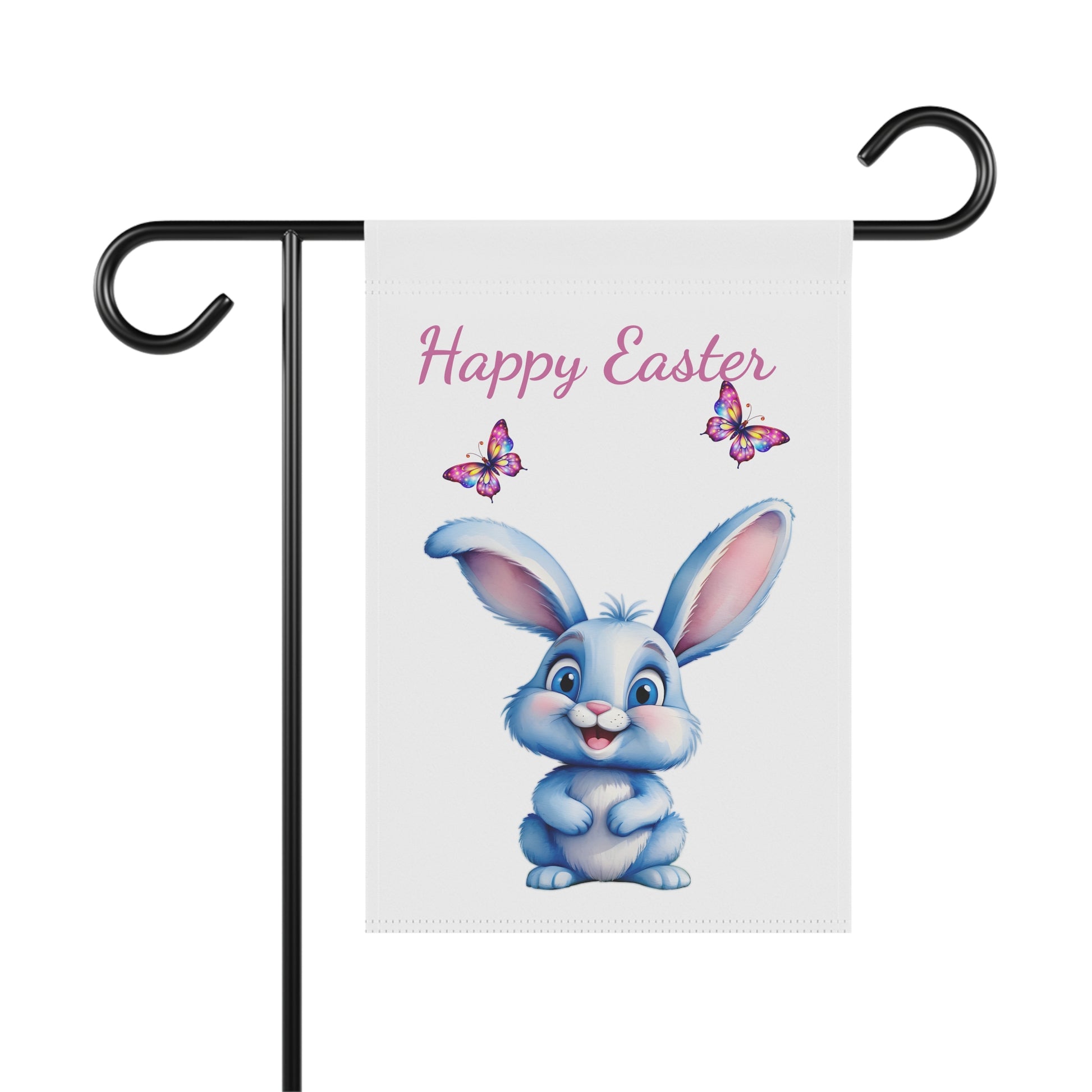 Happy Easter garden flag with a cute blue bunny, pink "Happy Easter" text, and two colorful butterflies on a white background, displayed on a black garden flag stand.
