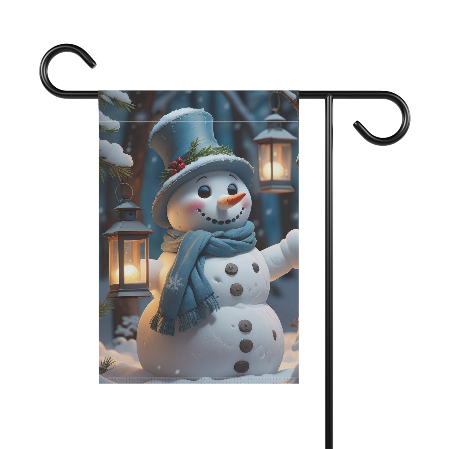 Cheerful Snowman in Blue Garden Flag
