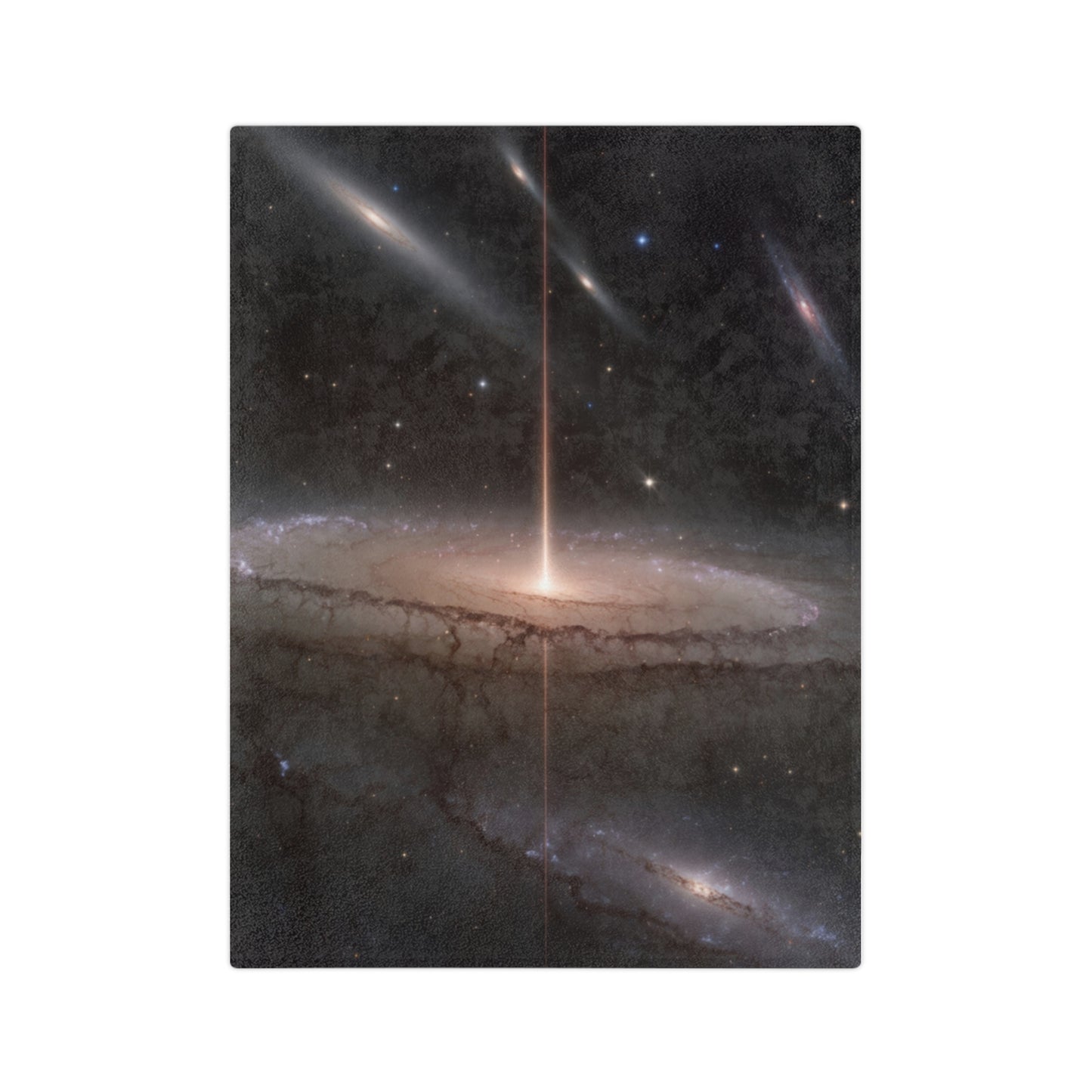 A soft velveteen throw blanket featuring a detailed cosmic print of a galactic light beam.