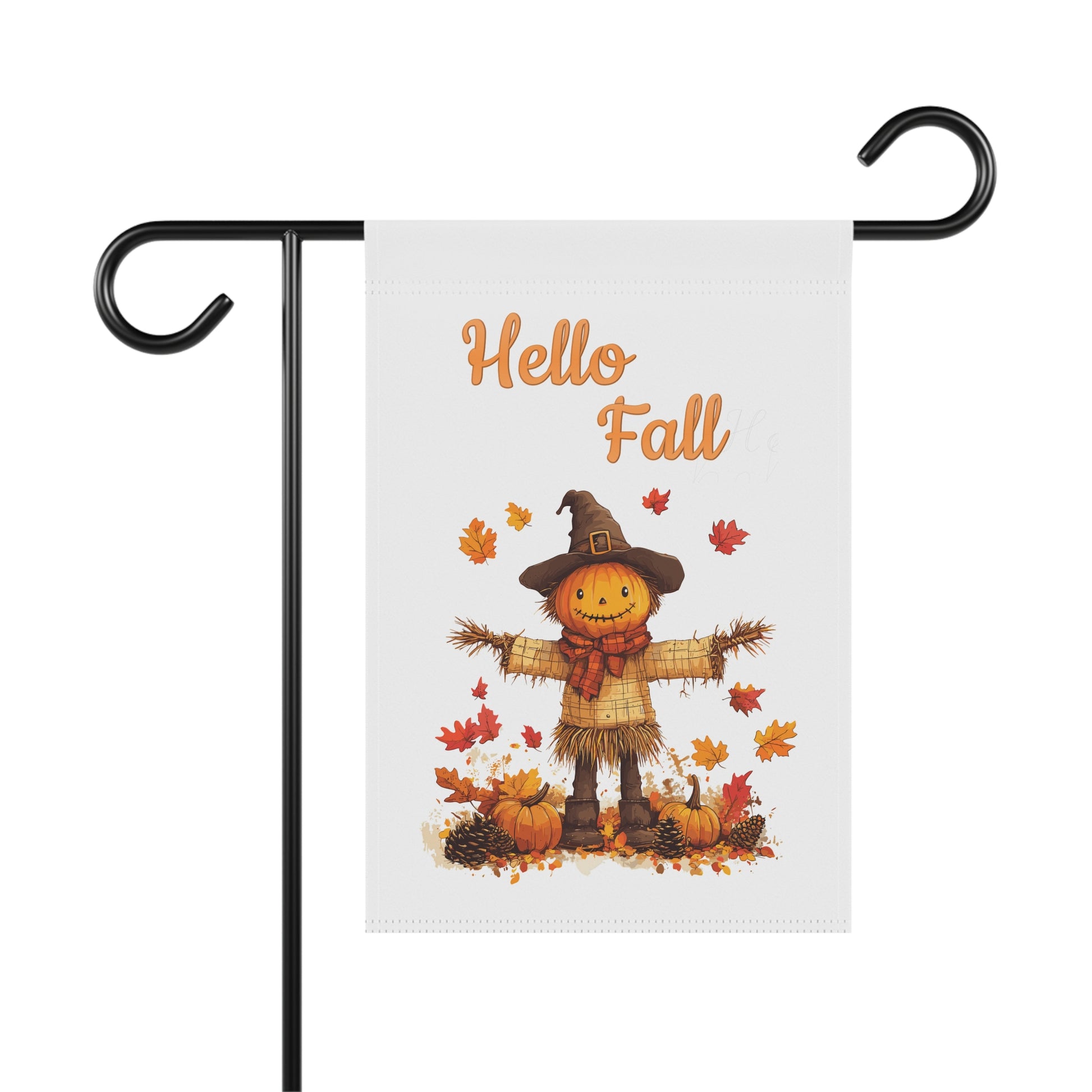A garden flag on a stand featuring a cute cartoon scarecrow with a pumpkin head, surrounded by pumpkins and fall leaves, with the text "Hello Fall."