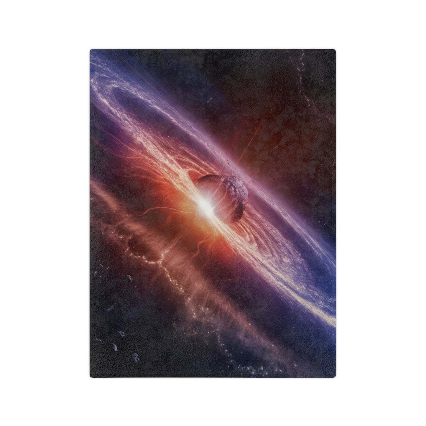 A soft velveteen throw blanket featuring a detailed cosmic print of a stellar event.