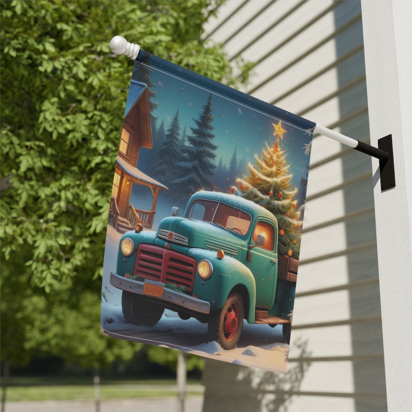 Vintage Truck with Christmas Tree Flag