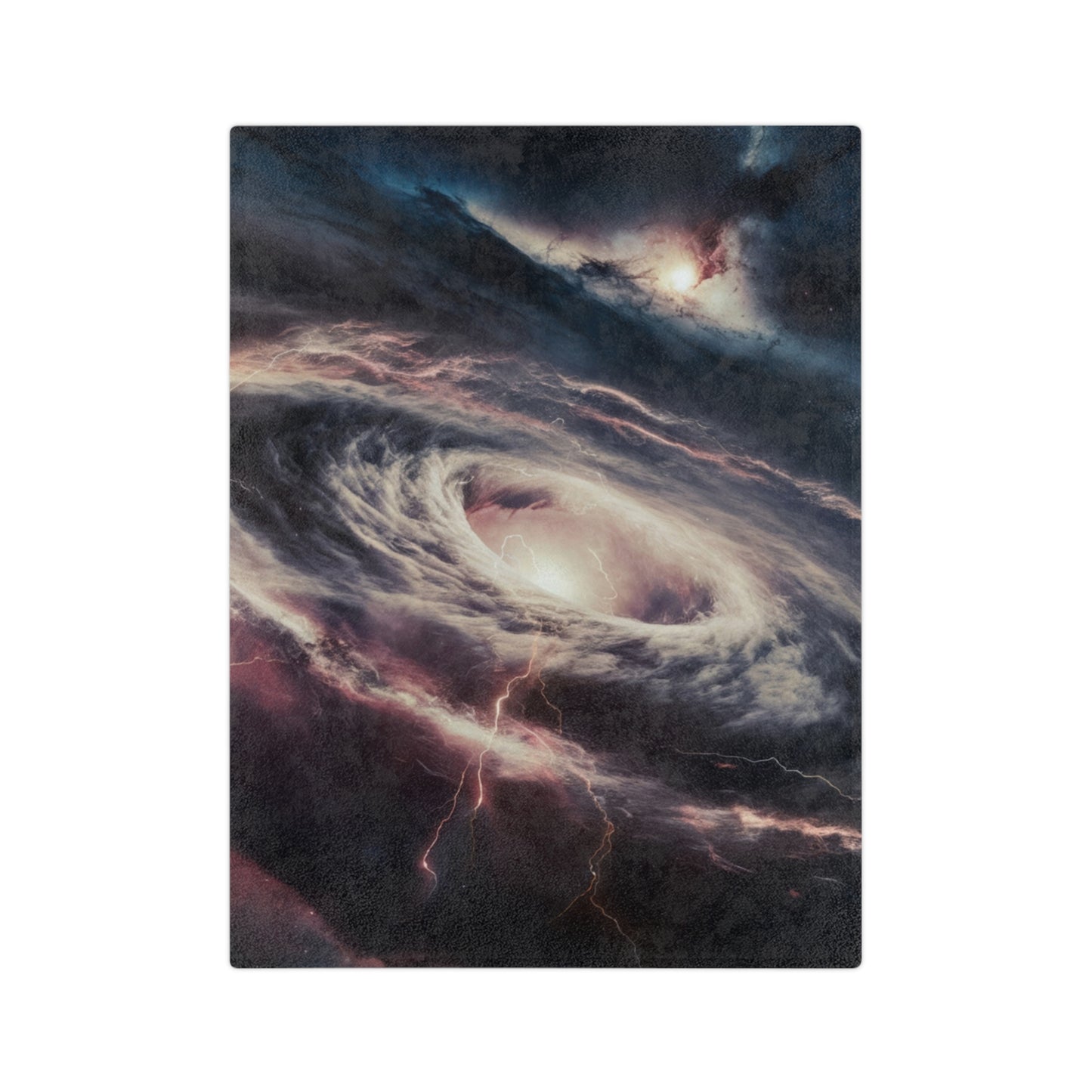 A soft velveteen throw blanket featuring a detailed cosmic print of a galactic storm.