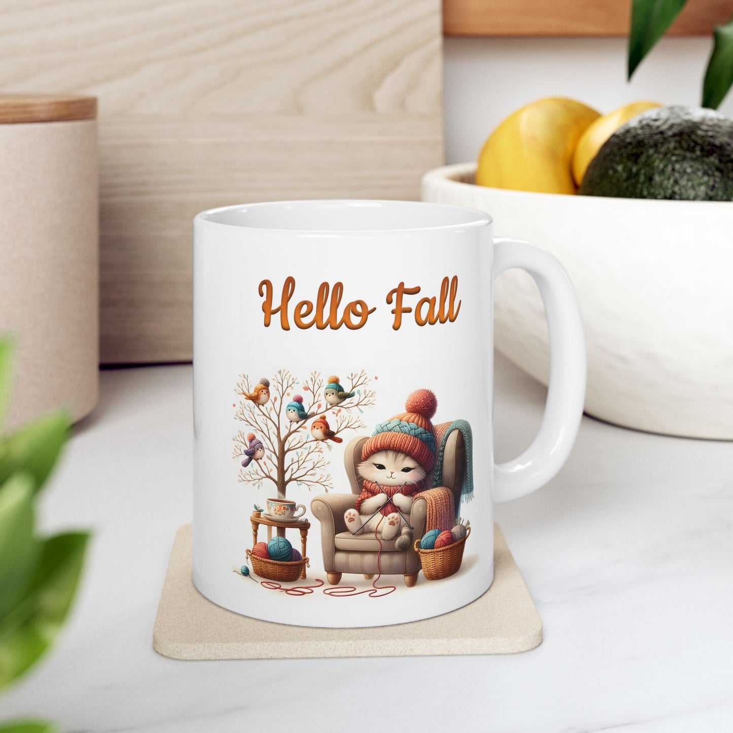 "Hello Fall" Cute Cat & Birds Coffee Mug