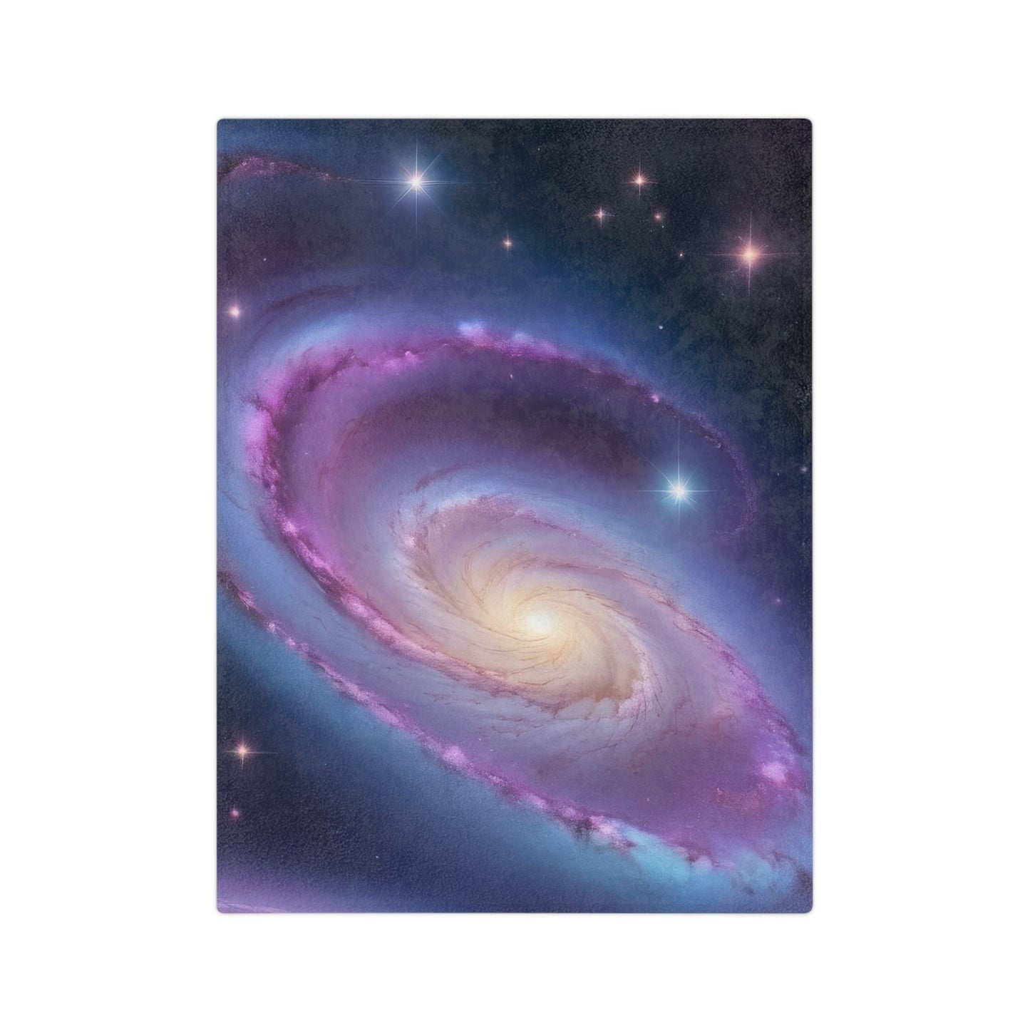 A vibrant velveteen blanket featuring a spiral galaxy design in purple, blue, and pink hues with glowing stars.