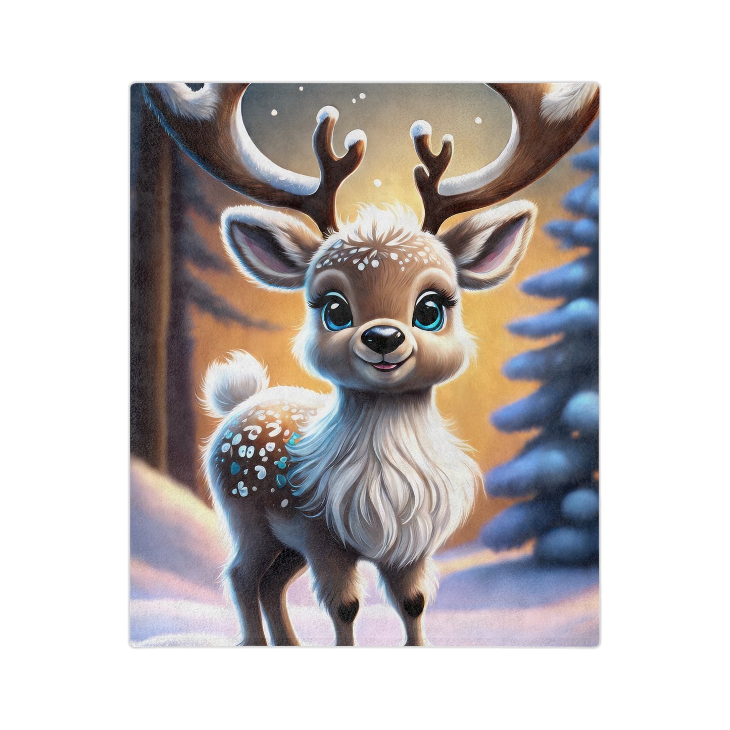 Cute baby reindeer with antlers standing in snowy forest at sunset on plush Christmas blanket