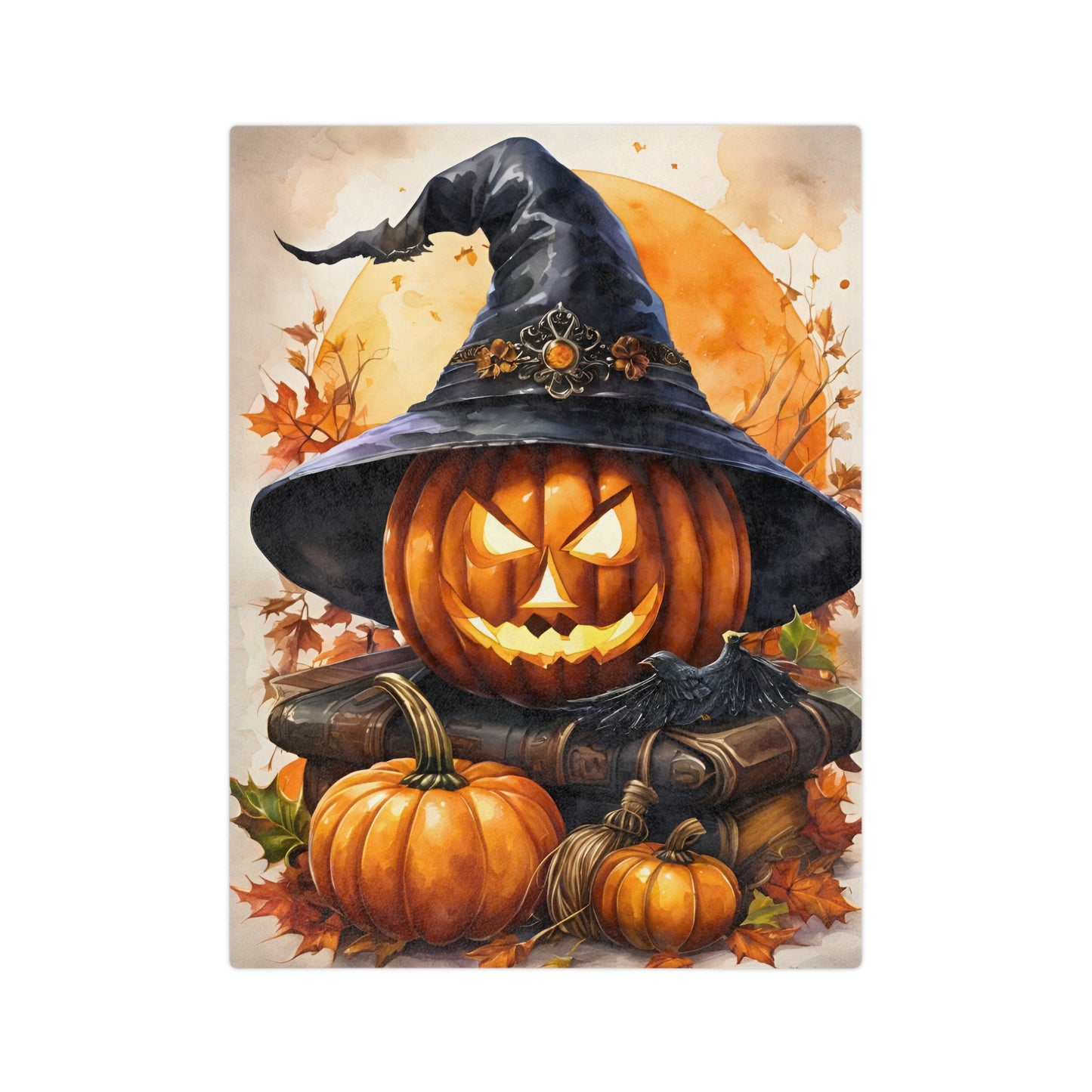 Witch Hat Jack-o'-Lantern Halloween Plush Blanket with a pumpkin wearing a witch hat, sitting on spooky books with a raven, full moon, and autumn leaves.