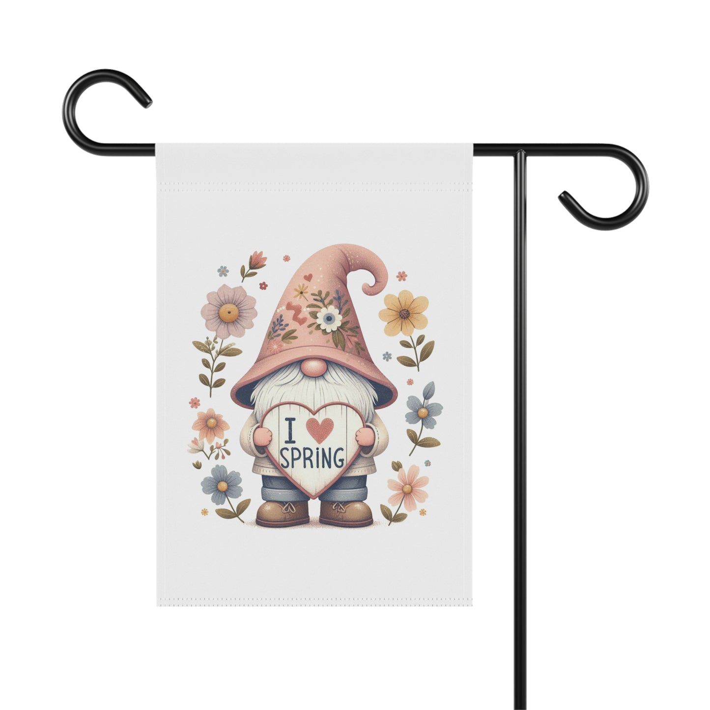 "I Love Spring" Gnome Garden Flag with Floral Hat