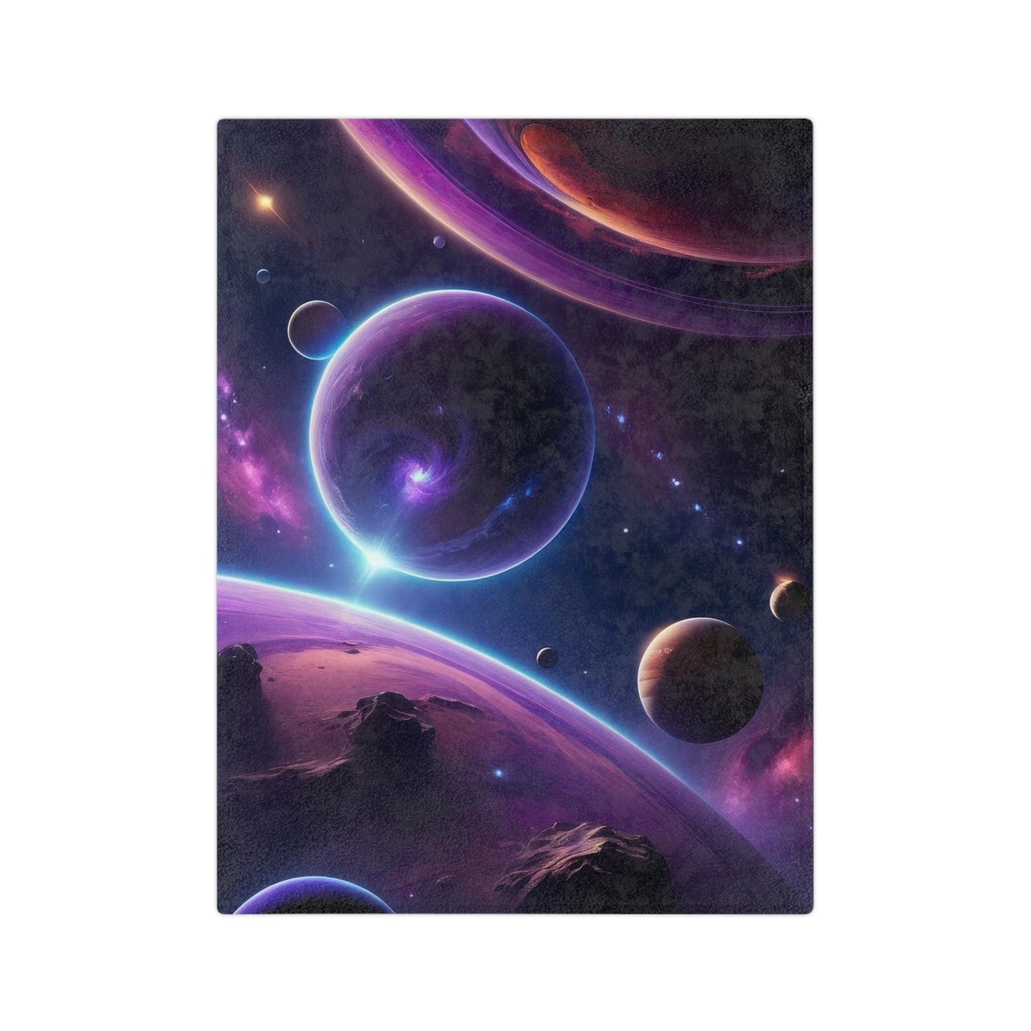 Cosmic Expanse Velveteen Blanket with purple planets and stars