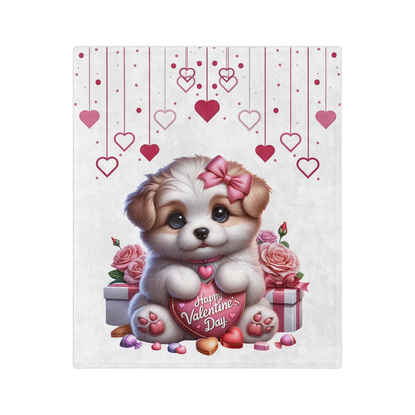 Velveteen blanket with a cute cartoon puppy wearing a pink bow, holding a "Happy Valentine's Day" heart, surrounded by pink roses, gifts, candies, and hanging hearts.