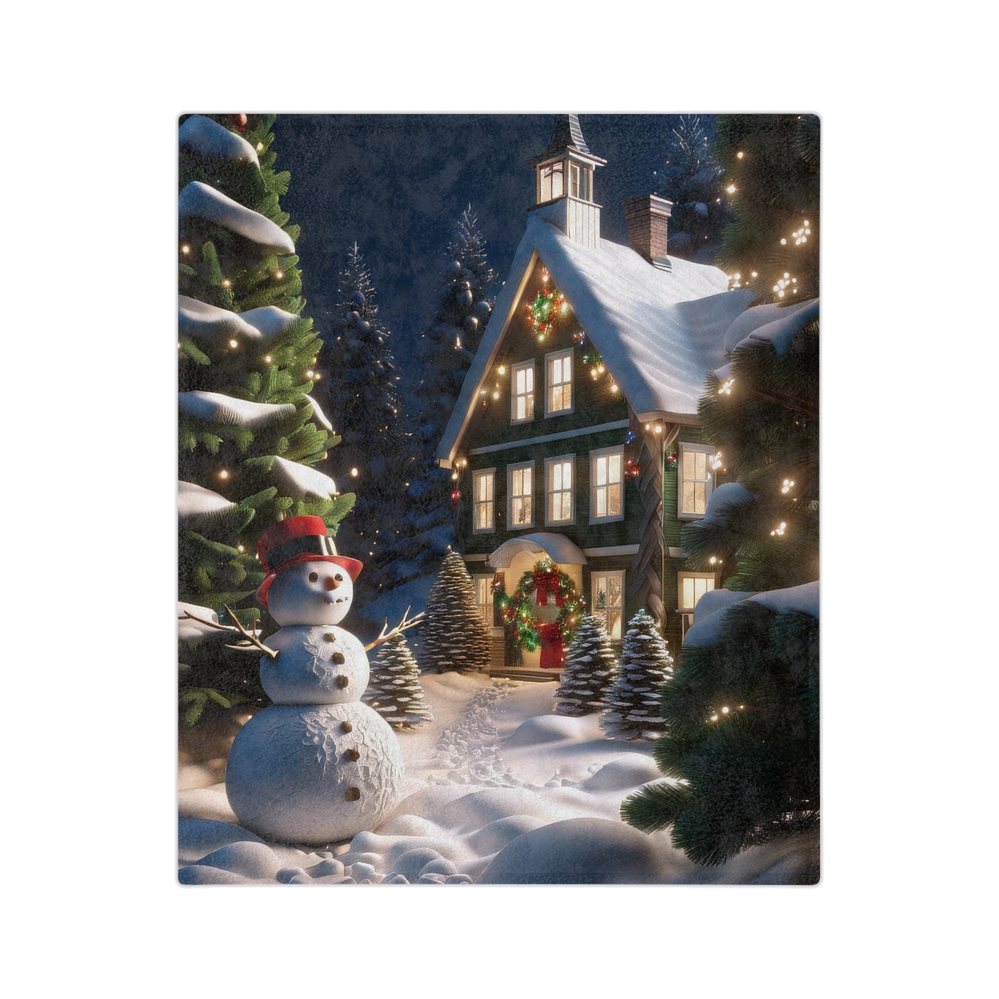 Cozy Christmas blanket with snowman in front of decorated cottage, surrounded by snow-covered trees and lights