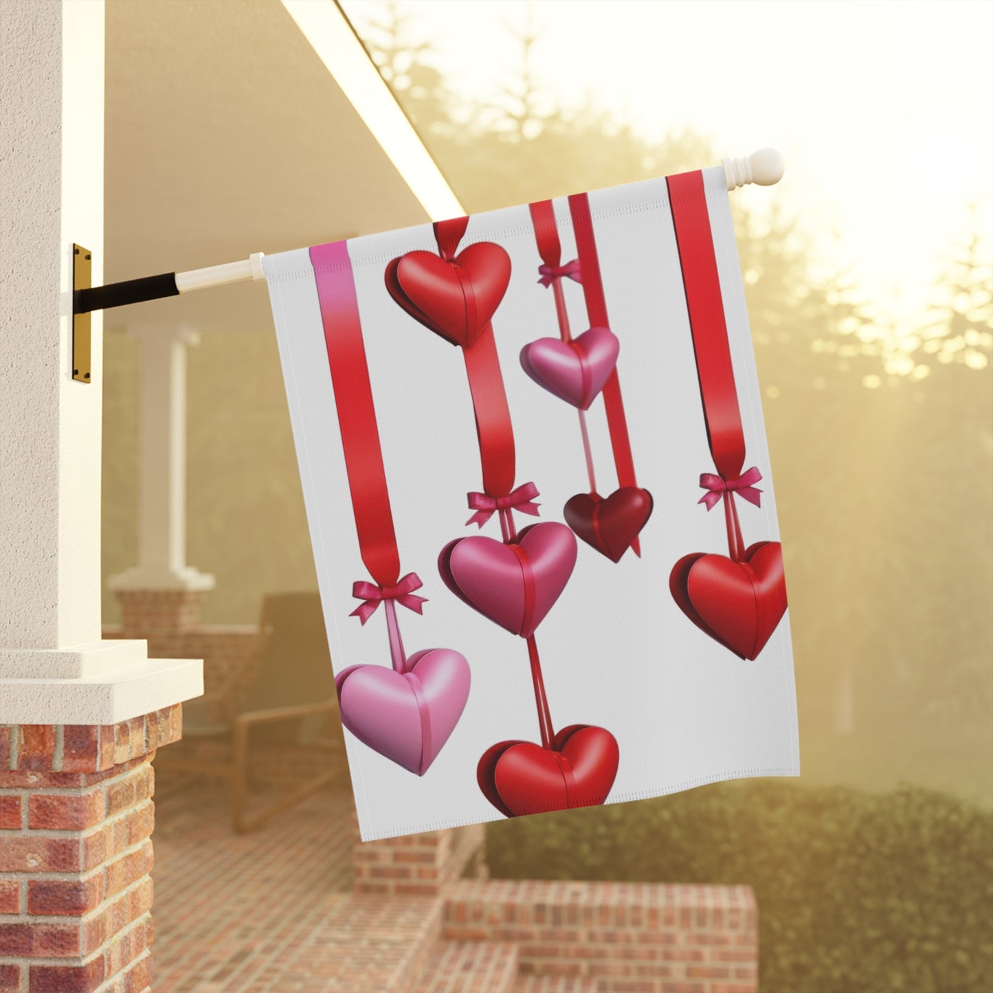 Valentine Garden Flag with Red & Pink Hanging Hearts