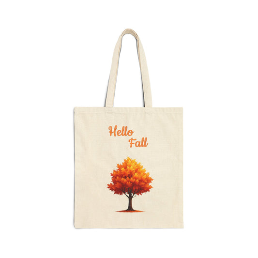 Hello Fall canvas tote bag with an illustration of a yellow and orange autumn tree