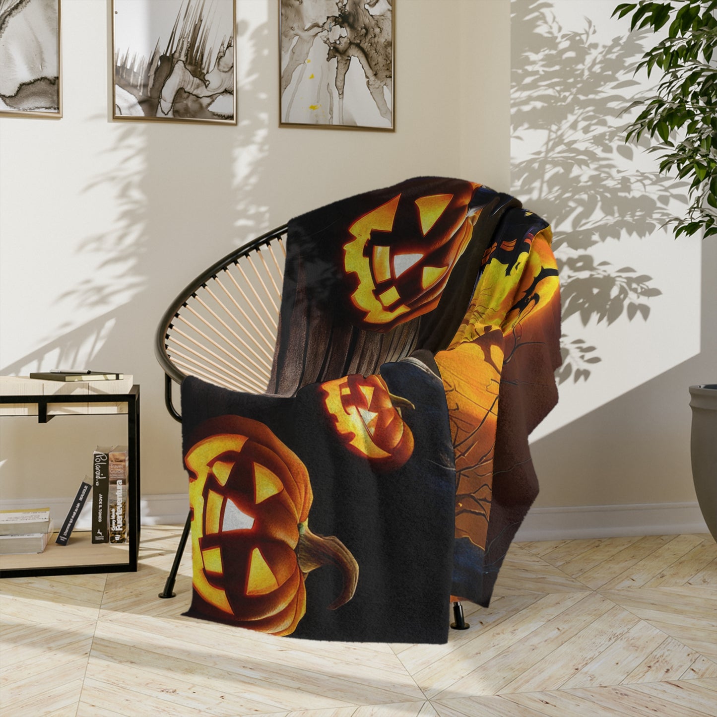Haunted House & Orange Moon Halloween Lightweight Velveteen Blanket