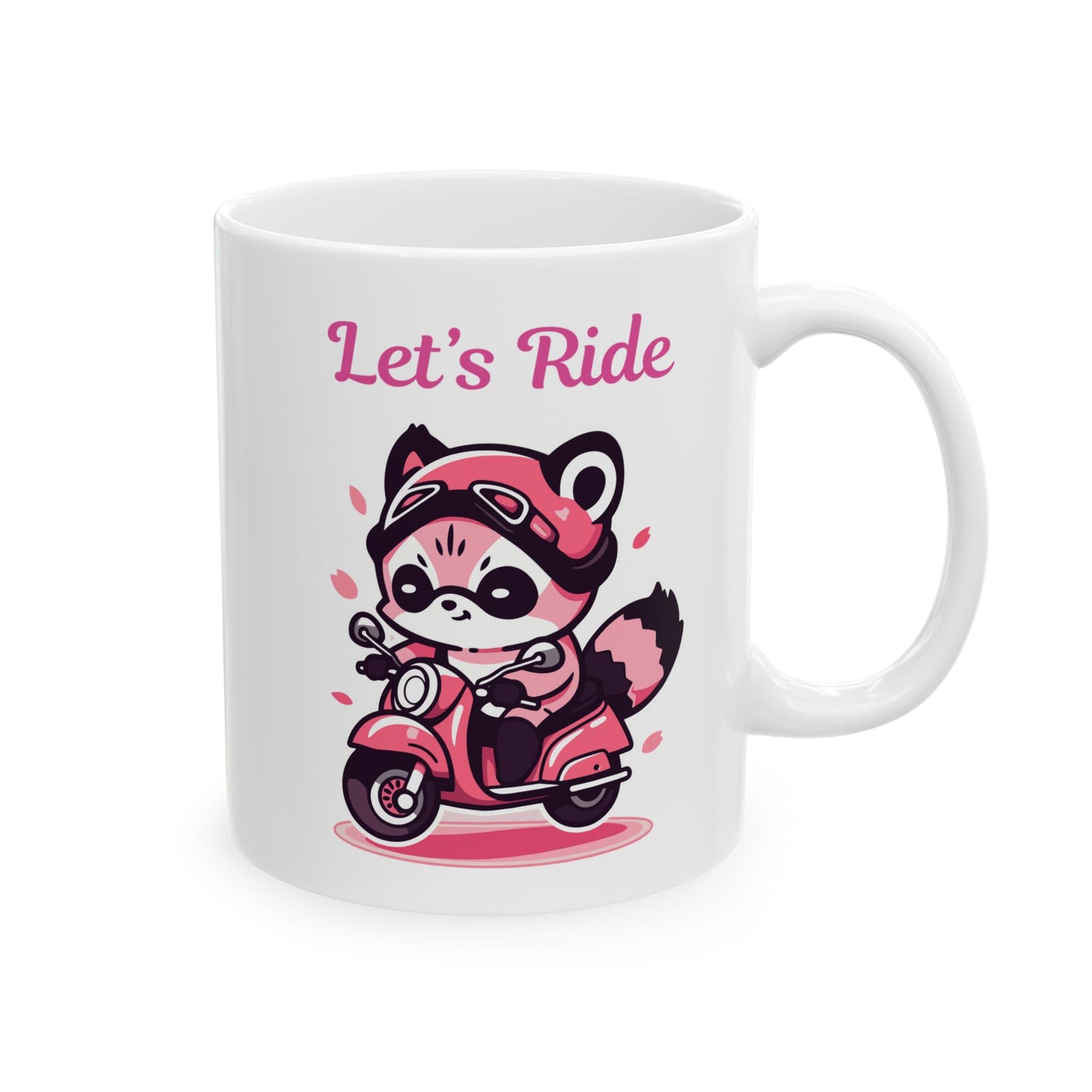 Racoon on a pink motorcycle "Let's Ride" coffee mug