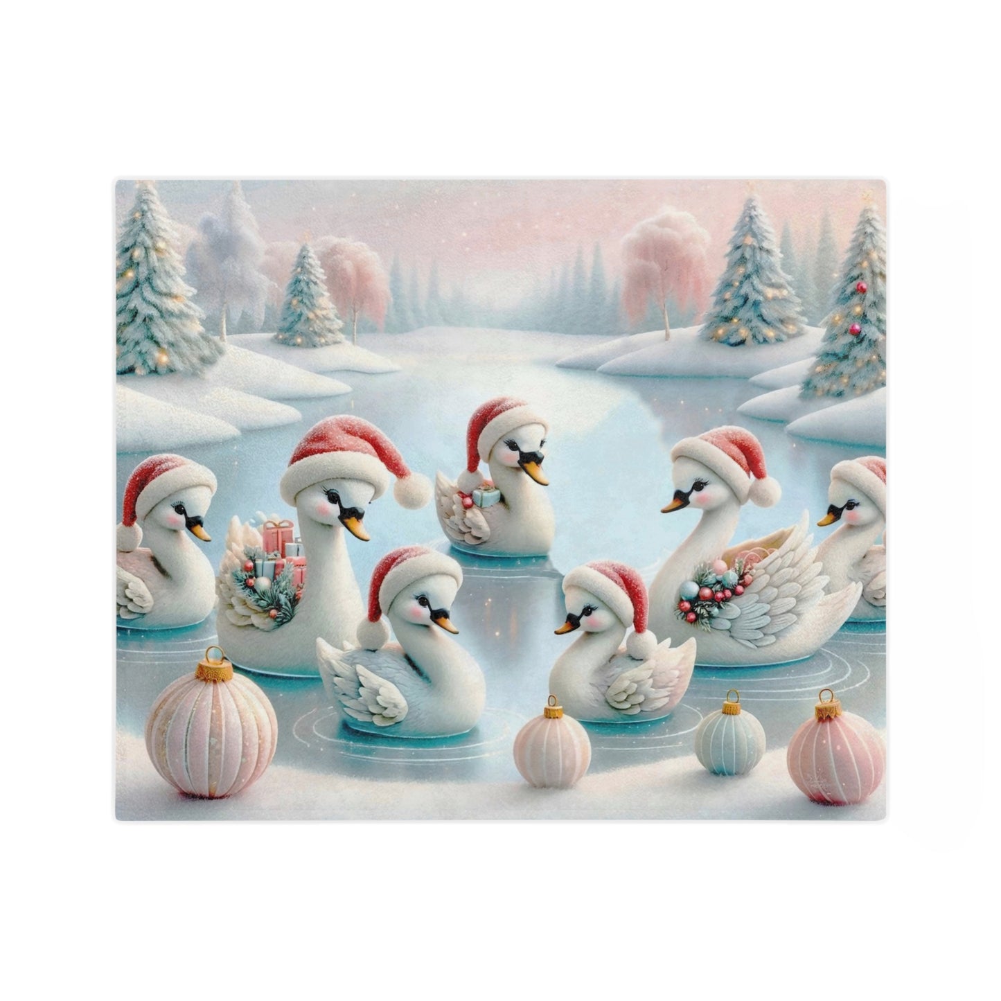 A group of white swans wearing red and white Santa hats on a frozen pond surrounded by snow-covered trees and pastel Christmas ornaments.