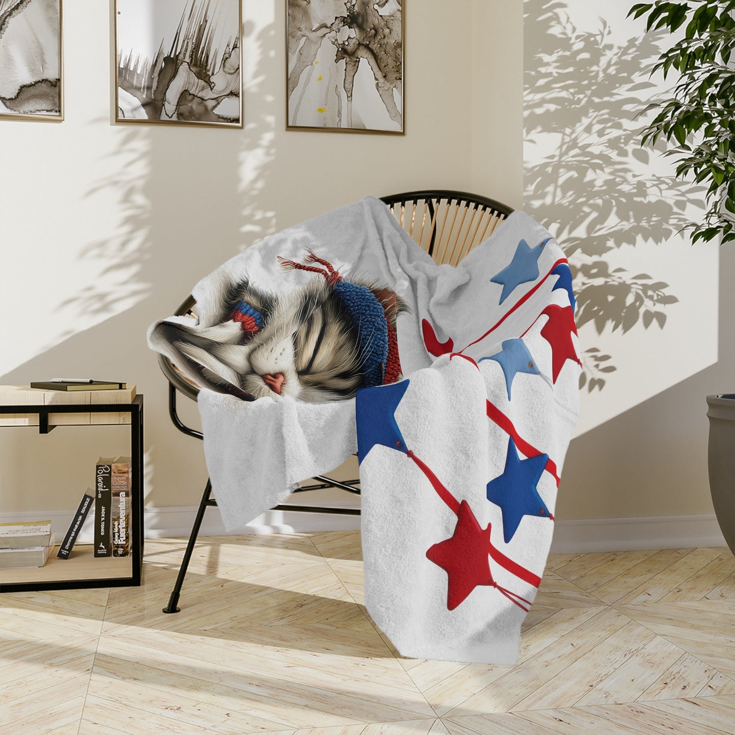 Sleeping Kitten in Patriotic Hat Velveteen Plush Blanket