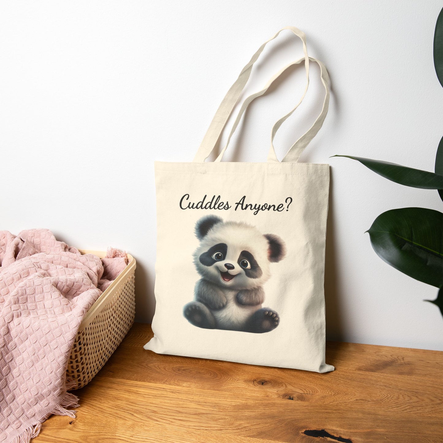 "Cuddles Anyone?" Cute Panda 100% Cotton Canvas Tote Bag