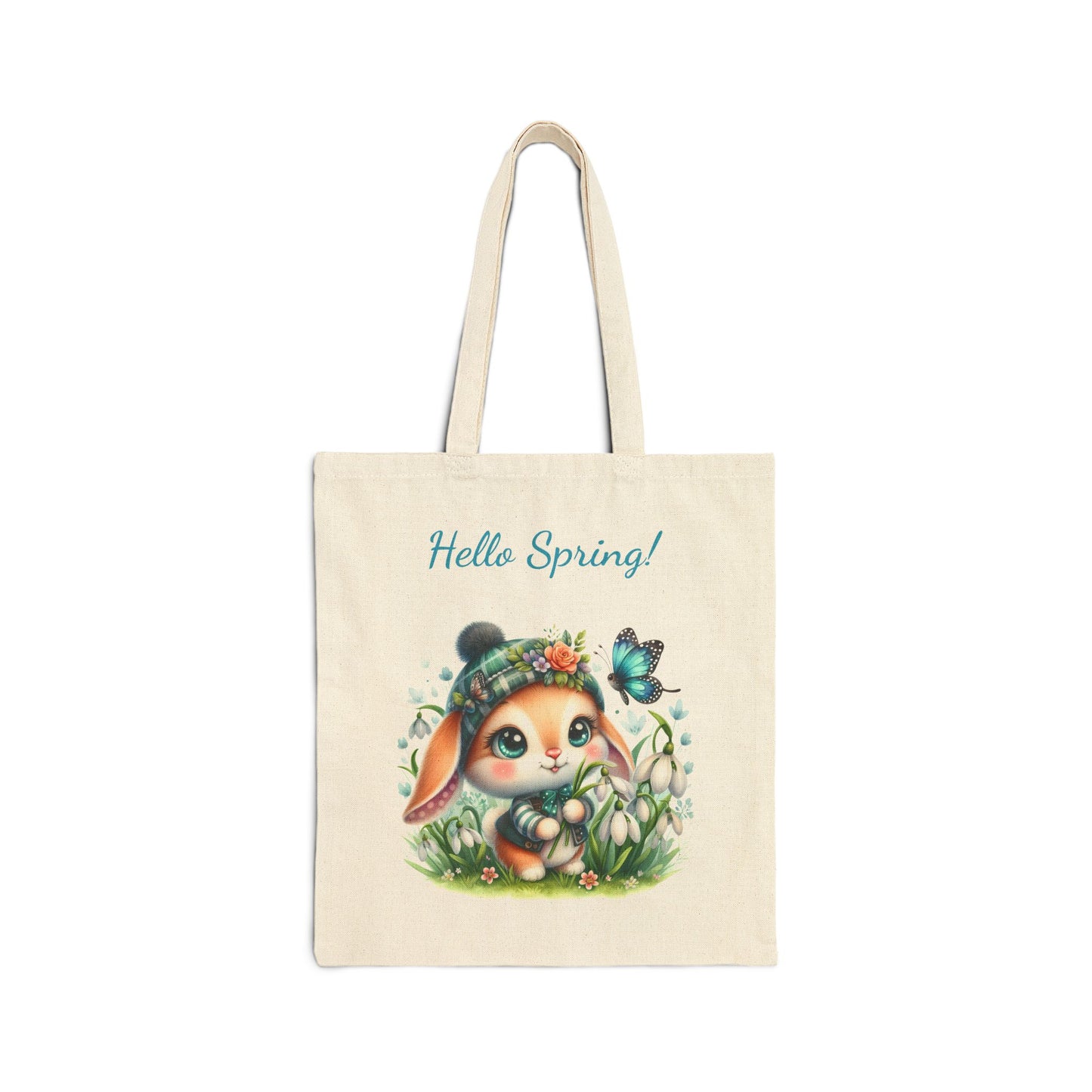 Canvas tote bag with a "Hello Spring!" print featuring an adorable bunny with big eyes and a hat, surrounded by flowers and a butterfly.