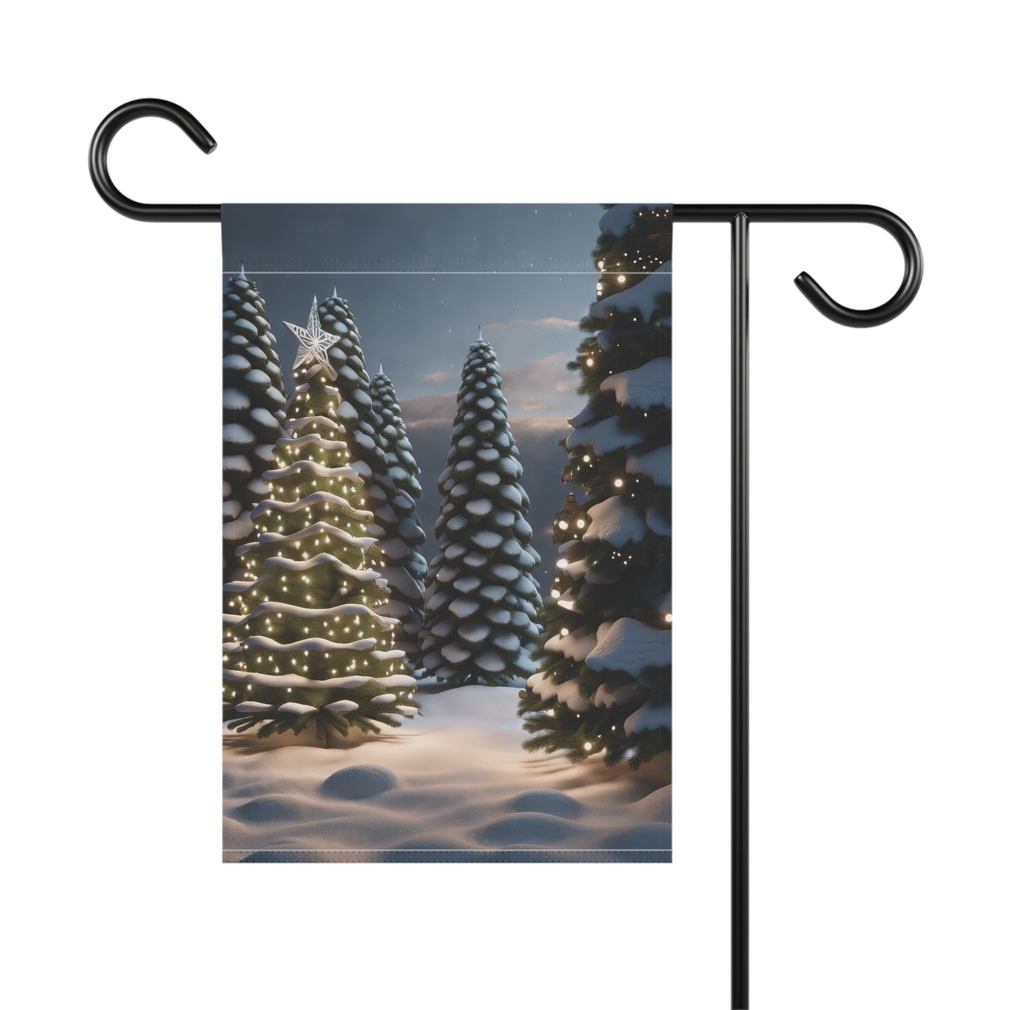 Illuminated snowy Christmas trees garden flag with a star-topped tree and surrounding snow-covered pine trees in a winter scene, on a black metal garden flag stand.