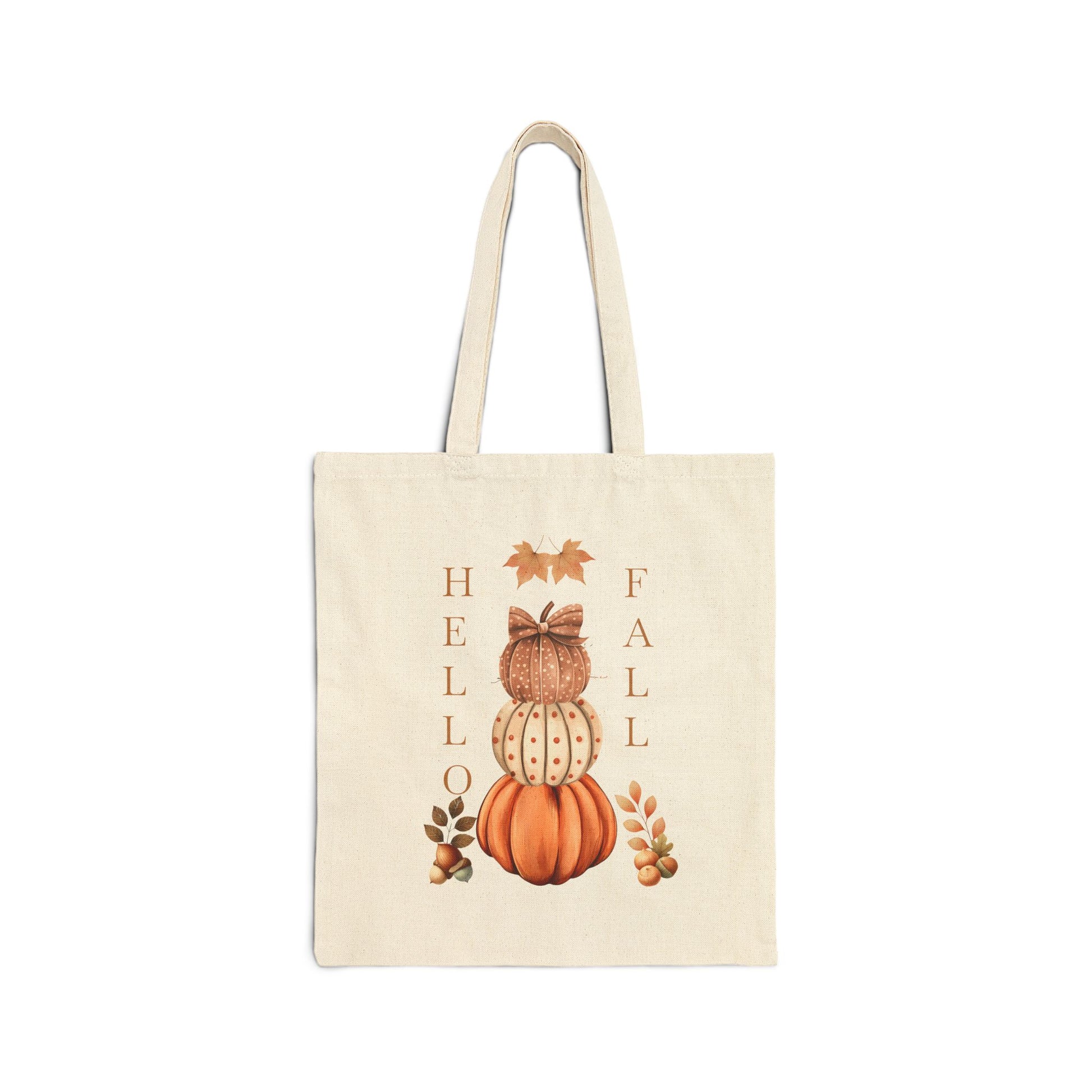 Hello Fall canvas tote bag with a watercolor illustration of a three-tiered pumpkin stack and a festive bow