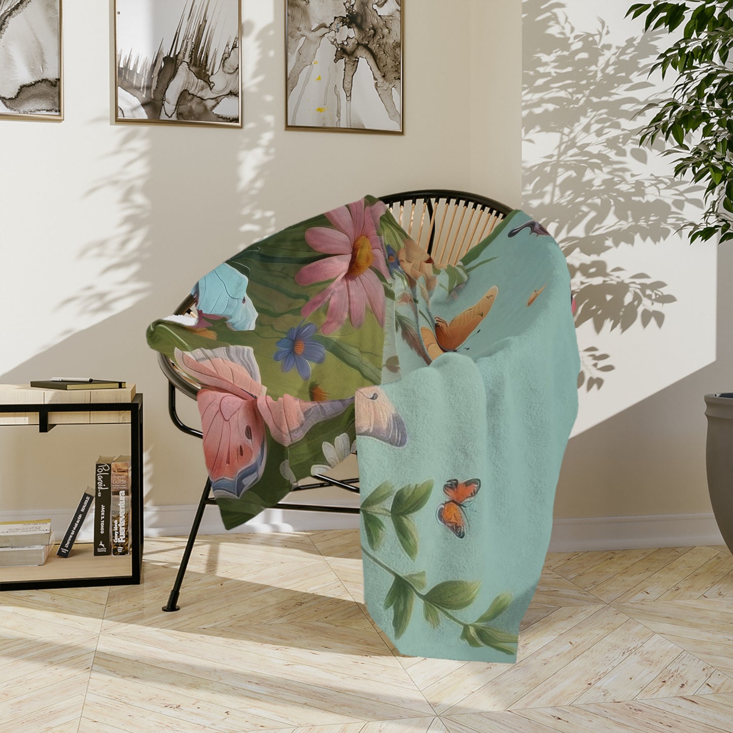 Whimsical Butterfly & Spring Flowers Velveteen Blanket