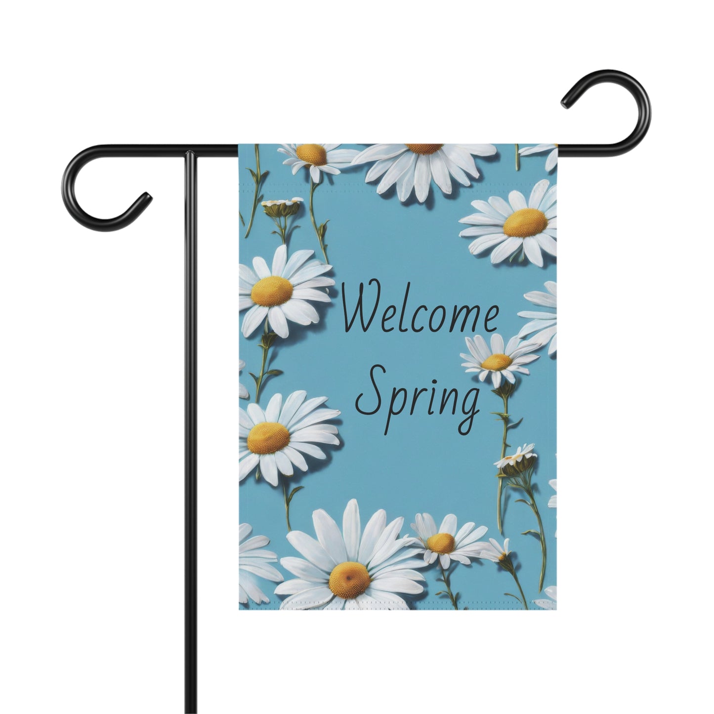 Welcome Spring garden flag with white daisies on blue background, seasonal outdoor yard decoration for spring