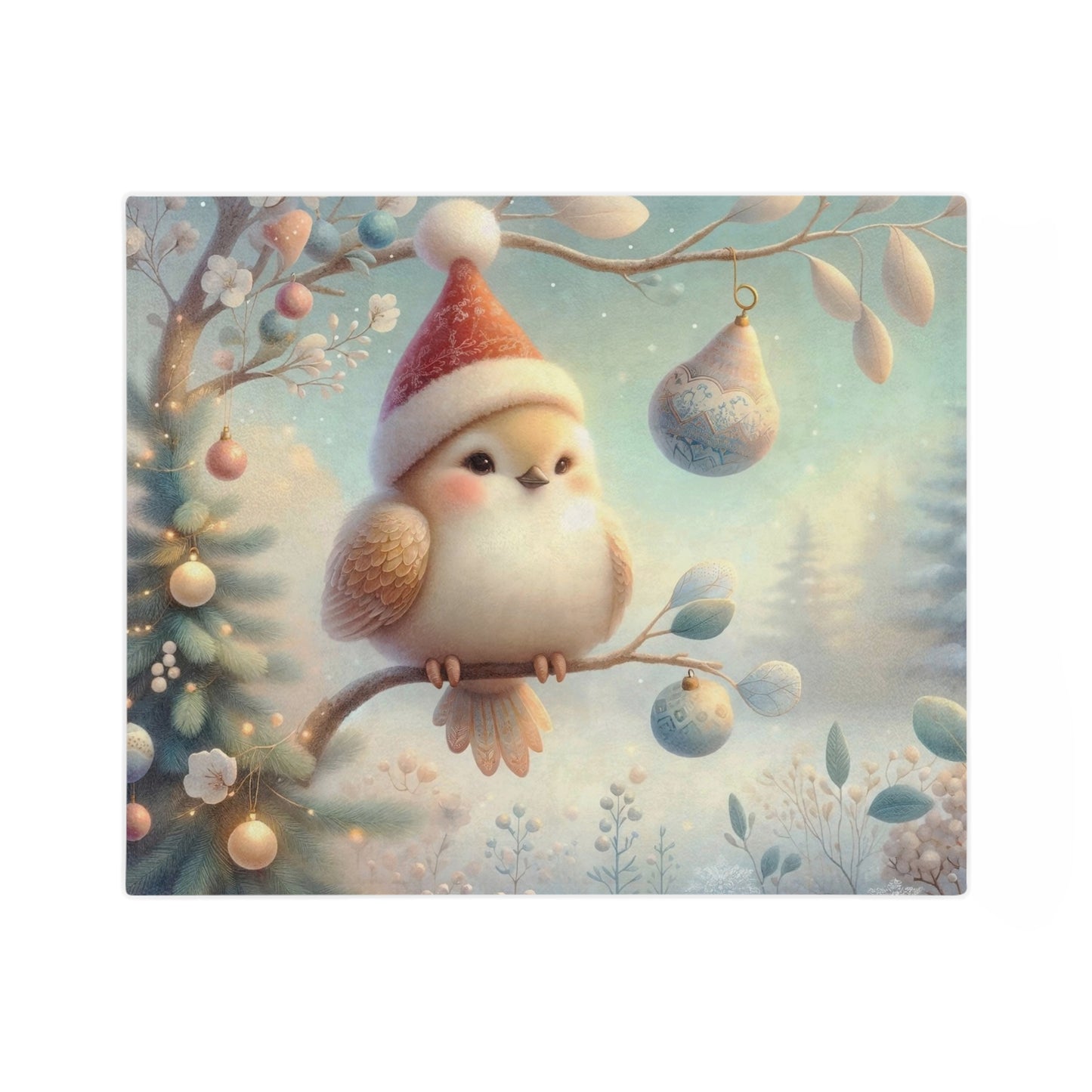 A cute, fluffy bird with a red Santa hat perched on a snowy branch with delicate Christmas ornaments and lights in a winter landscape.