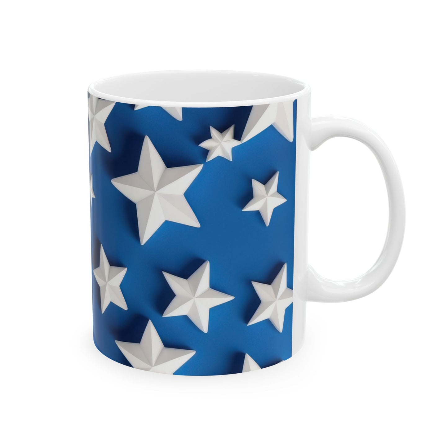 White ceramic coffee mug with a vibrant blue background covered in various sizes of raised, white 3D stars, symbolizing patriotism