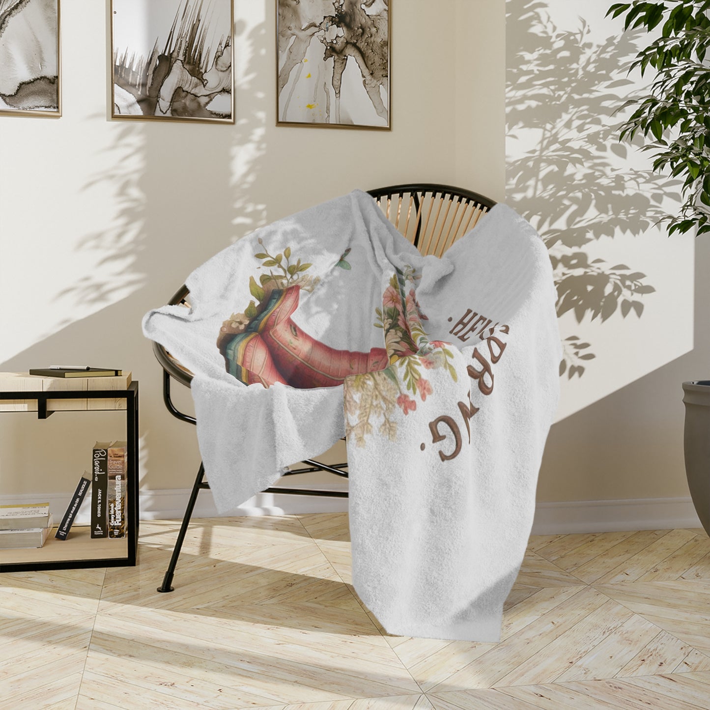 "Hello Spring" Pink Floral Rain Boot Velveteen Blanket