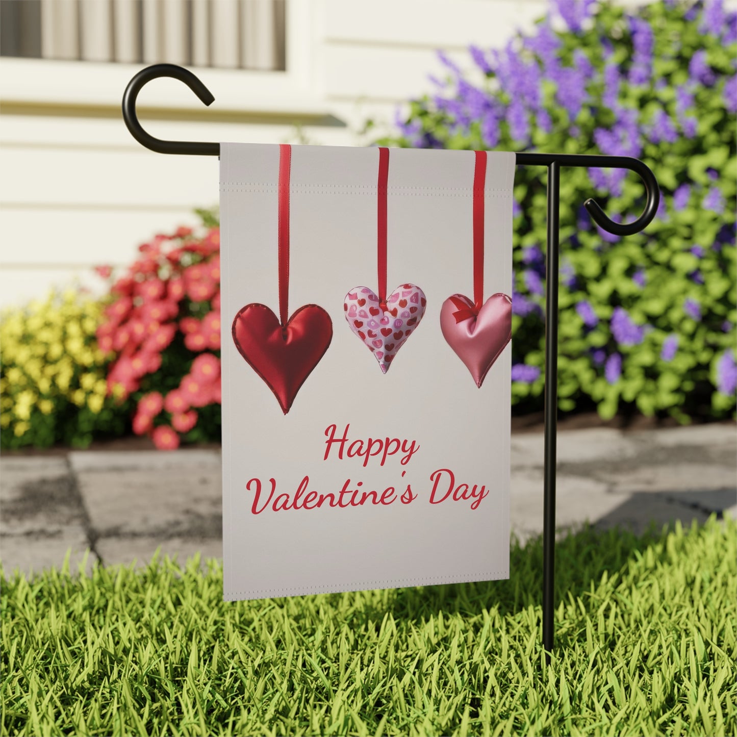 Elegant Red & Pink Hanging Hearts Valentine Garden Flag