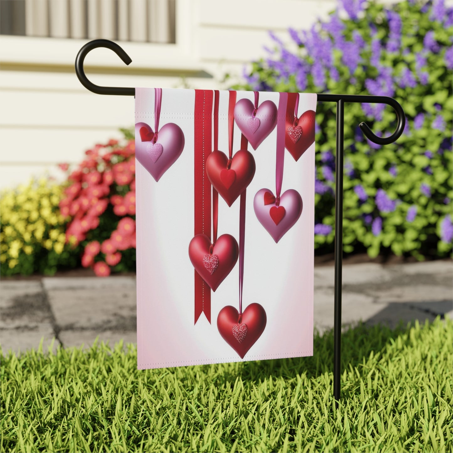 Valentine Garden Flag with Red & Pink Hanging Hearts